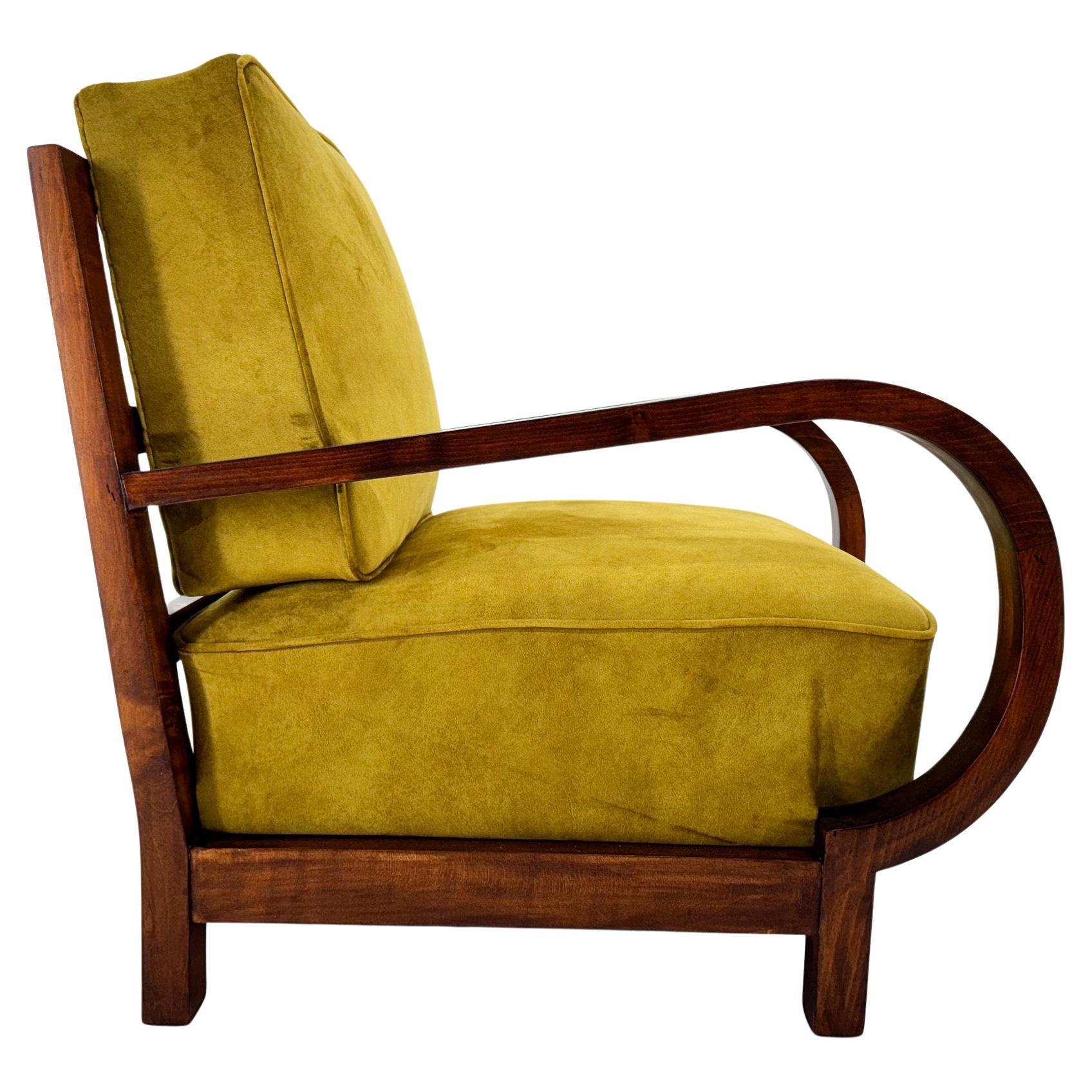Art Deco Beech Wood Armchair, 1930's, Newly Upholstered
