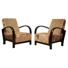 Art Deco Beech Wood Black Shellac and Brown Velvet Italian Armchairs, 1940