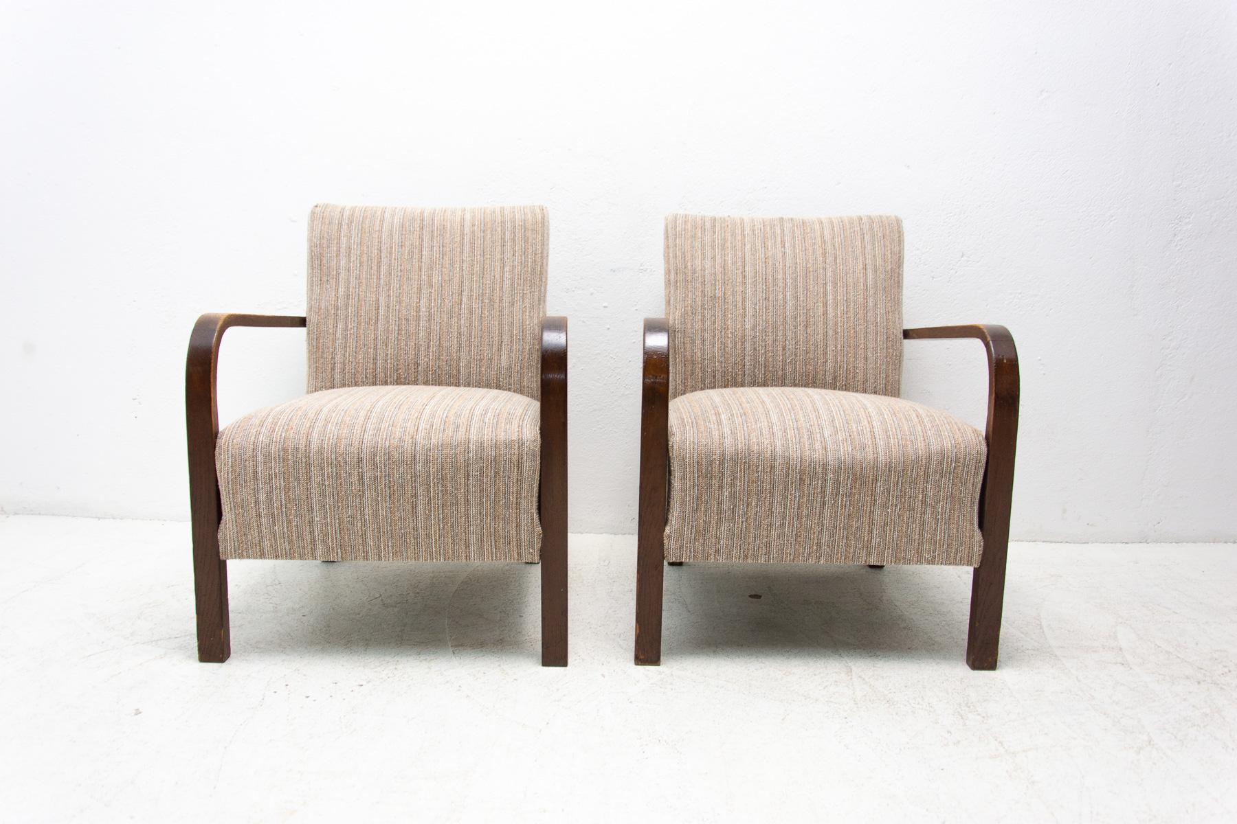 Fabric  ART DECO beechwood armchairs, 1930´s, Bohemia, set of 2