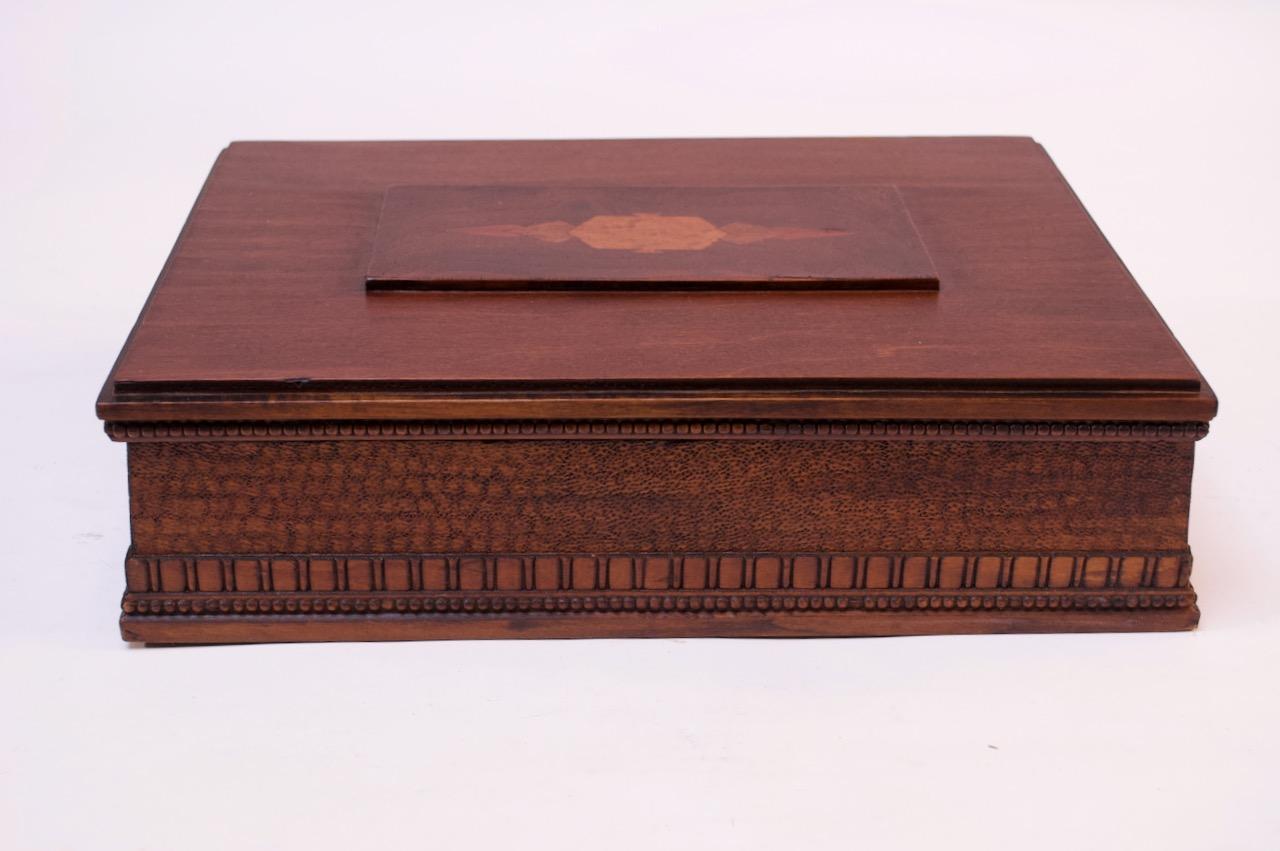 American Art Deco Beechwood & Tiger Maple Decorative Box with Hand Carved / Inlay Detail
