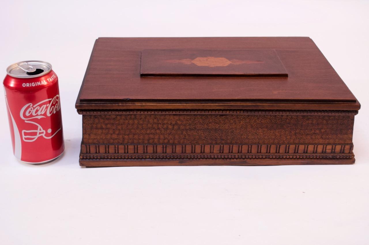 Art Deco Beechwood & Tiger Maple Decorative Box with Hand Carved / Inlay Detail In Good Condition In Brooklyn, NY