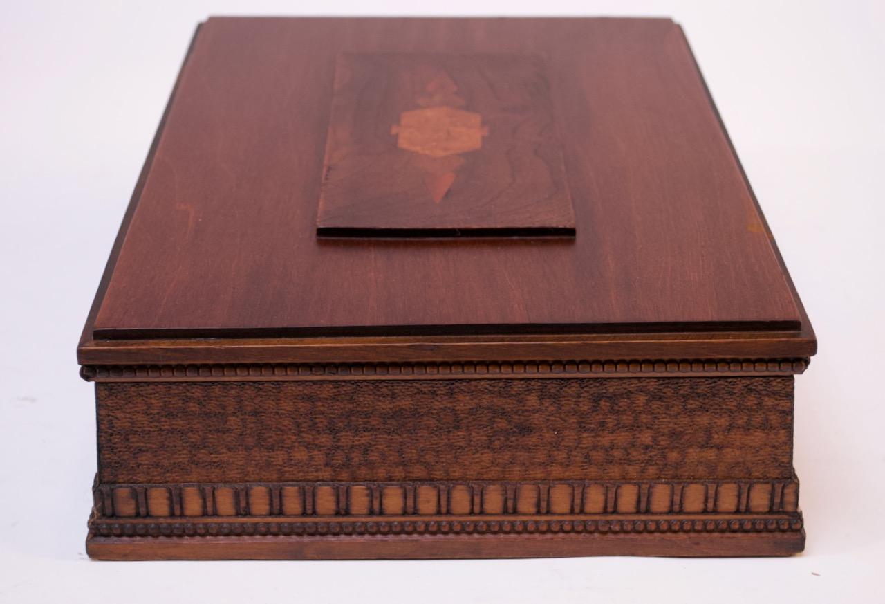 Mid-20th Century Art Deco Beechwood & Tiger Maple Decorative Box with Hand Carved / Inlay Detail