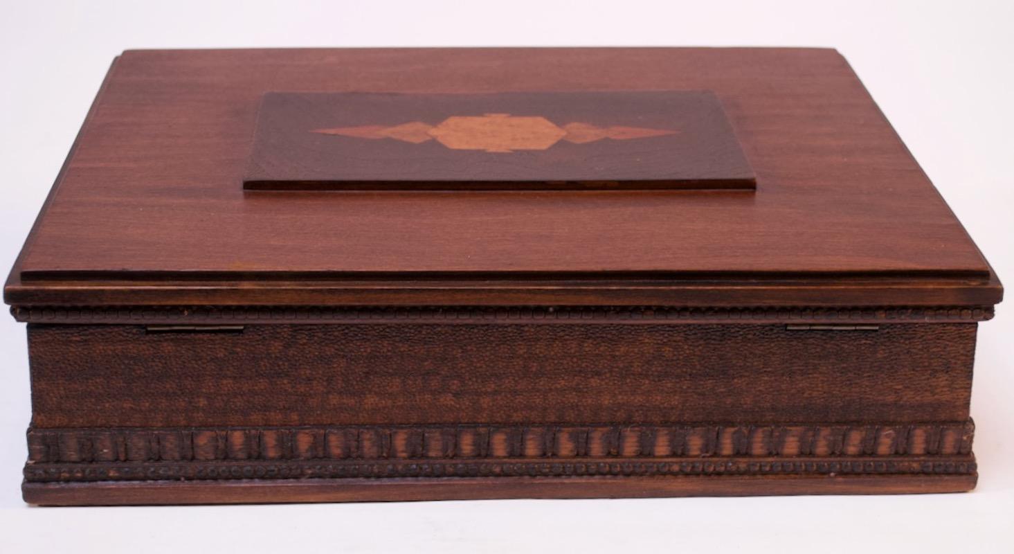 Art Deco Beechwood & Tiger Maple Decorative Box with Hand Carved / Inlay Detail 3