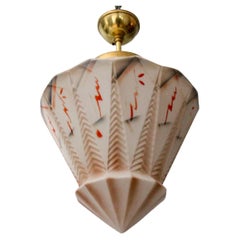 Art Deco Beige and Red Color Lantern-Shaped Glass Pendant Light, ca. 1930s