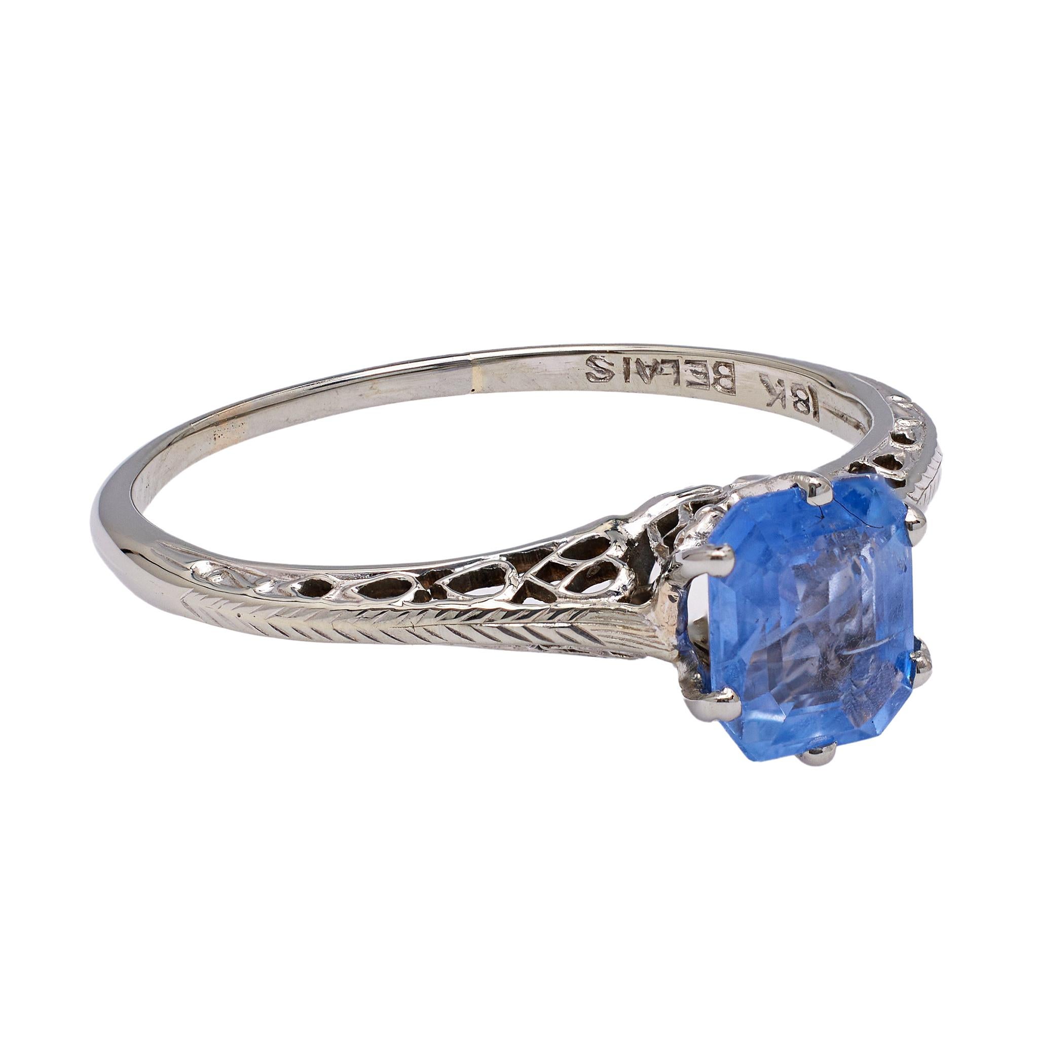 Women's or Men's Art Deco Belais 1.24 Carats Sapphire 18k White Gold Ring For Sale