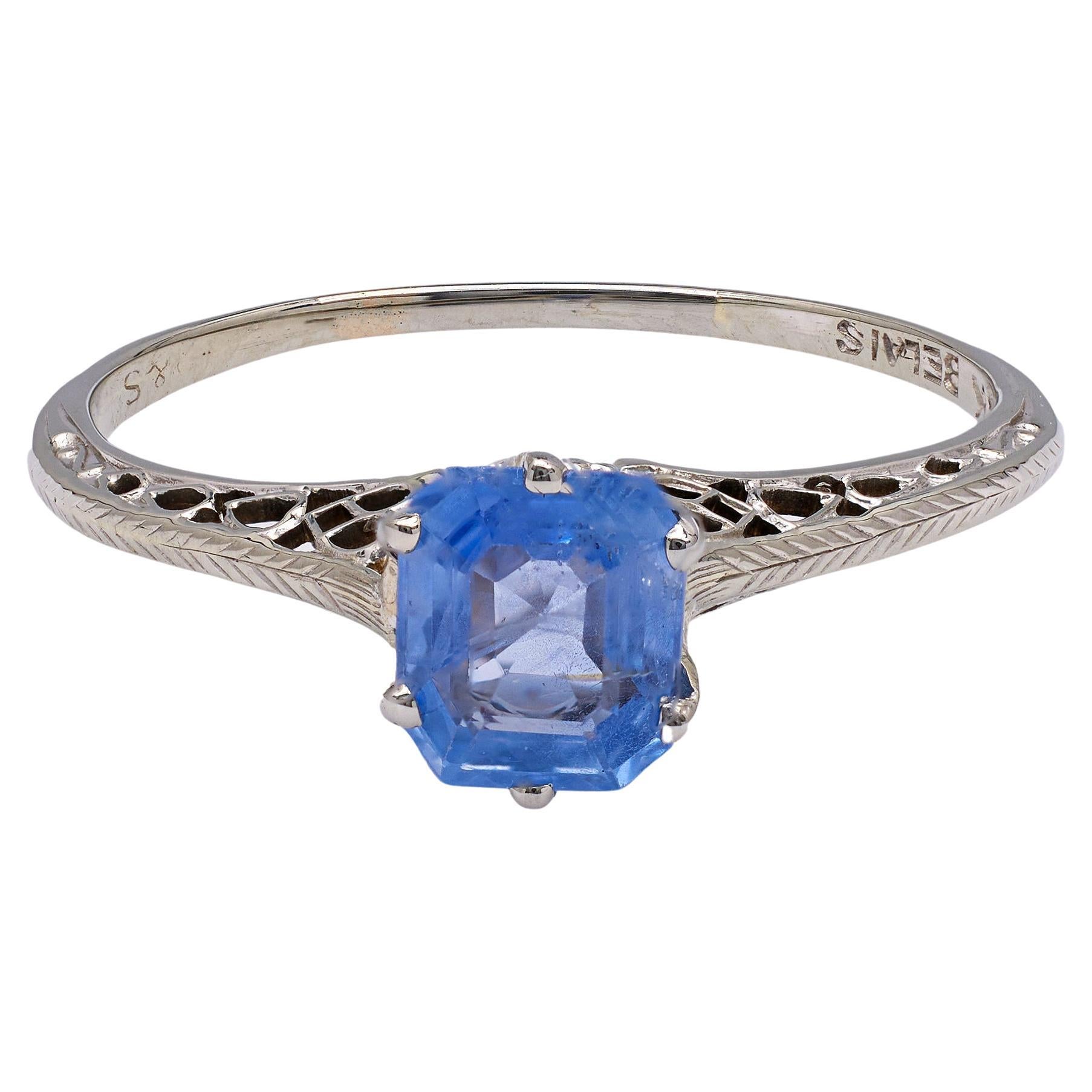 Art Deco Belais 1.24 Carats Sapphire 18k White Gold Ring