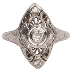 Art Deco Belais 18 Karat White Gold Filigree 1/4 Carat Diamond Shield Ring