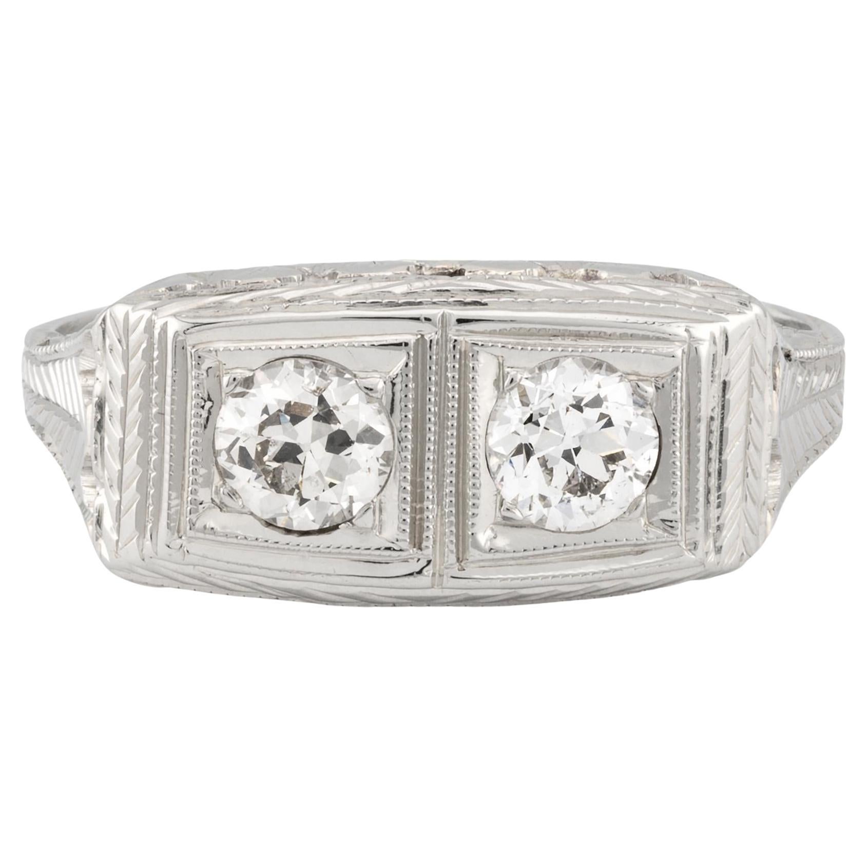 Art Deco Belais Brothers Toi Et Moi Diamond Ring in 18 Karat White Gold