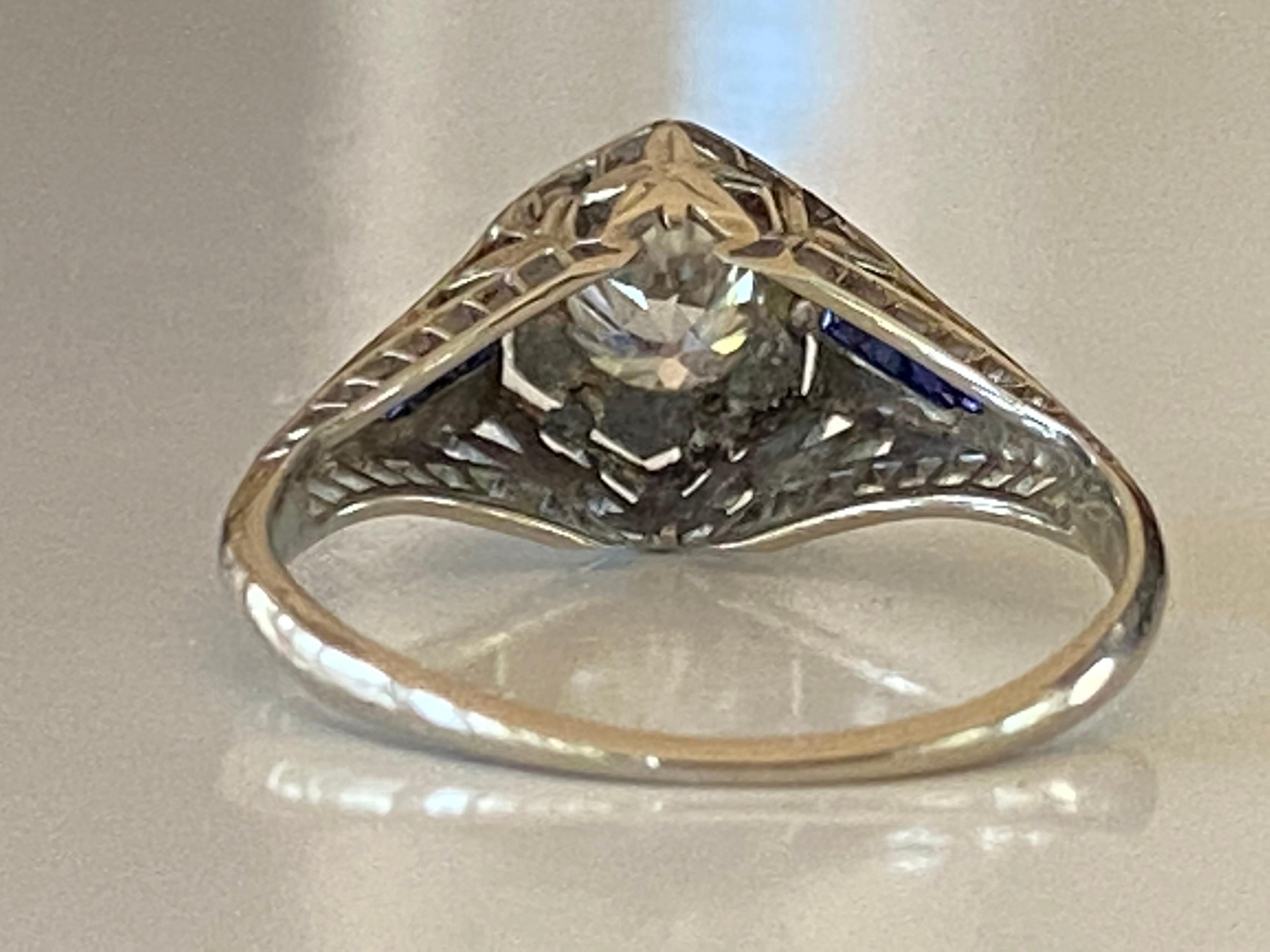 Old European Cut Art Deco Belais Diamond and Sapphire Filigree Ring For Sale