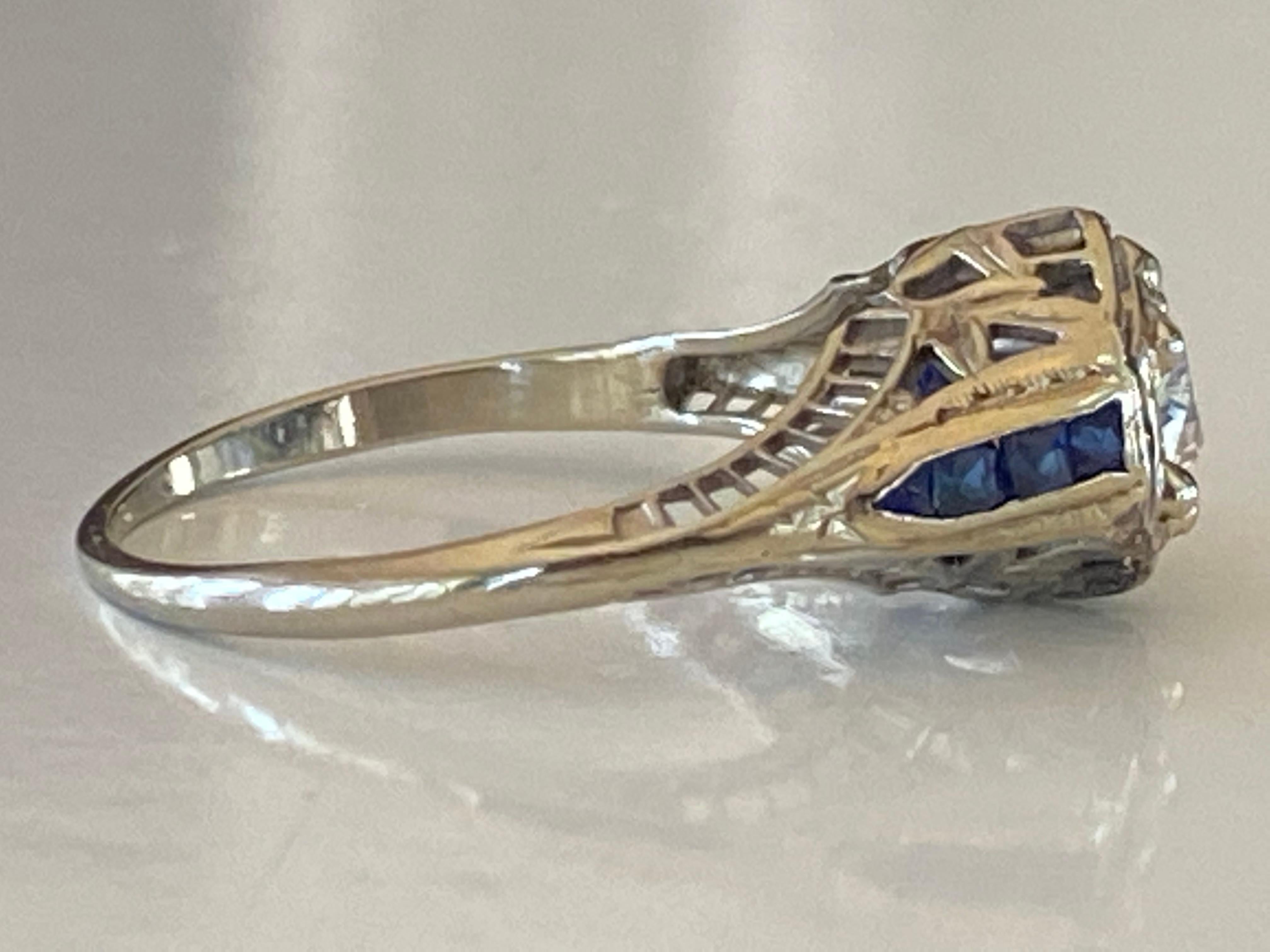 Art Deco Belais Diamond and Sapphire Filigree Ring In Good Condition For Sale In Denver, CO