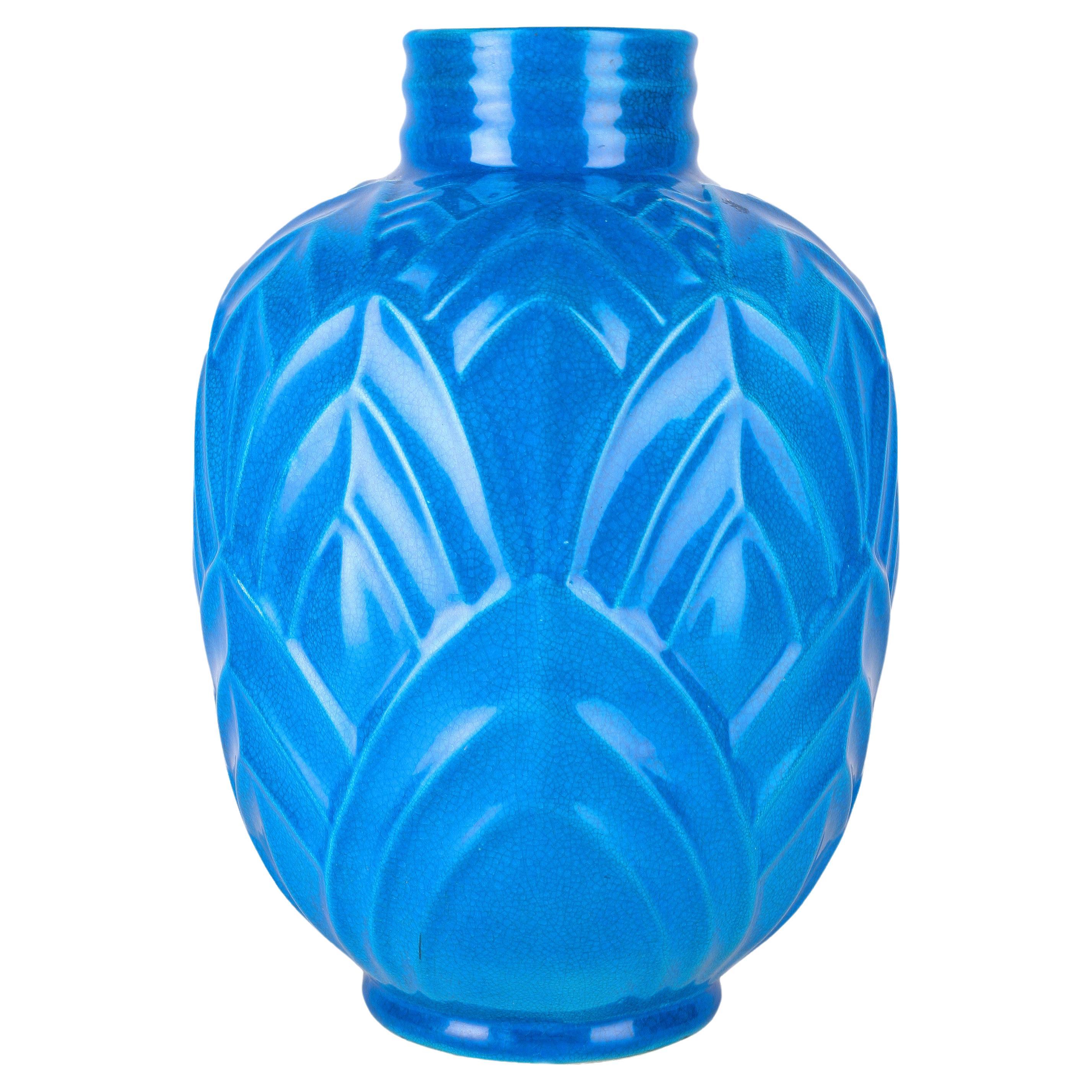 Vase Art Déco en céramique bleue belge par A.I.C. Catteau pour Boch Frères Keramis en vente