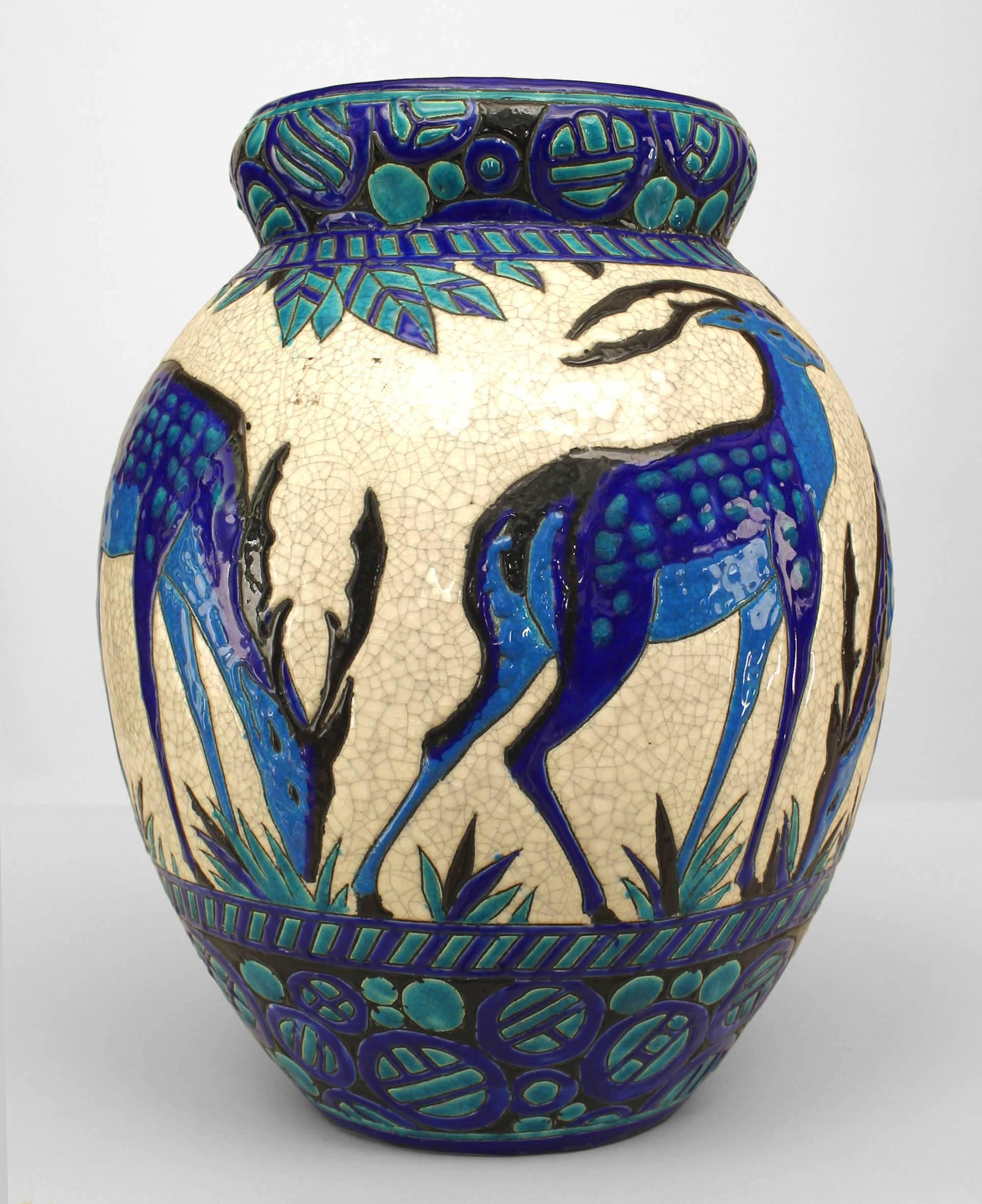 Art Deco (Belgian) crackled earthenware vase with blue & green trim with deer & floral design (stamped Charles Catteau for Boch Freres/ La LOUVIERE, design #943)
