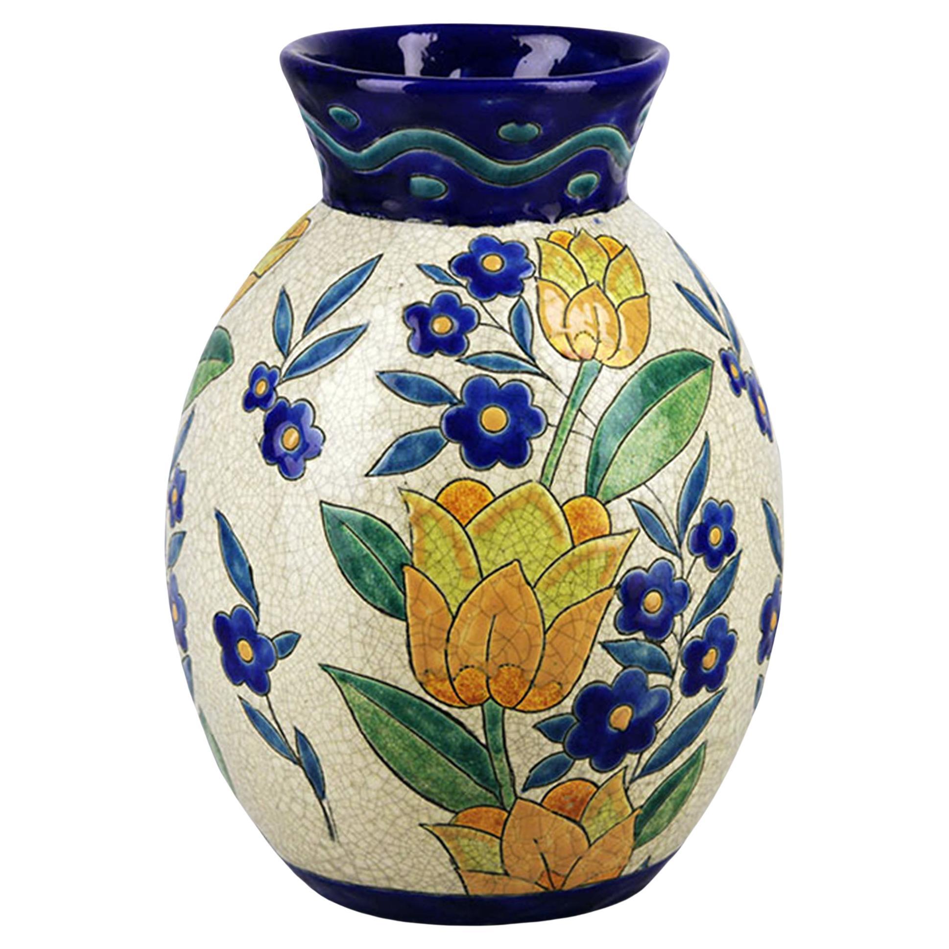 Art Déco Belgische glasierte Keramik Charles Catteau-ähnliche Vase von Boch Freres