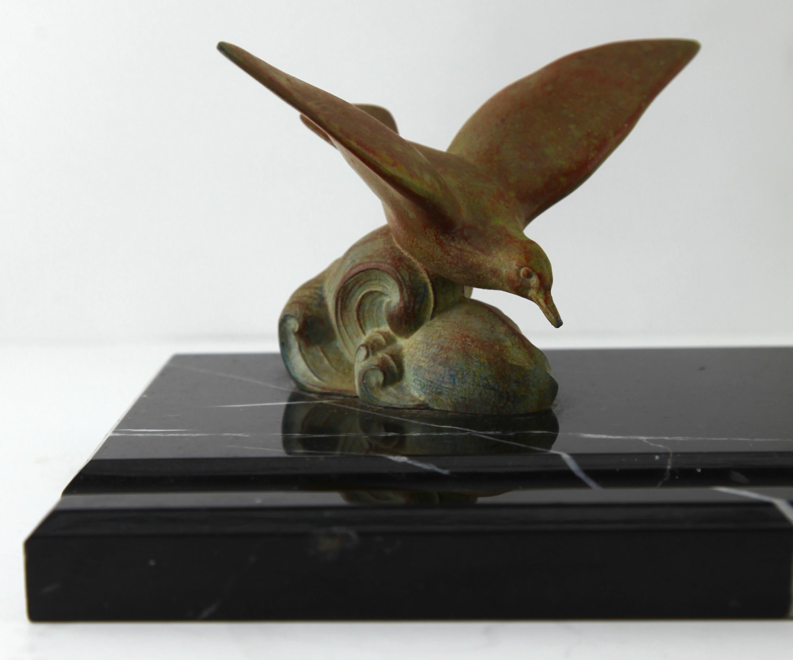 Art Deco Belgium Black Marble Desk Set Decorated with Bronze Bird For Sale 4