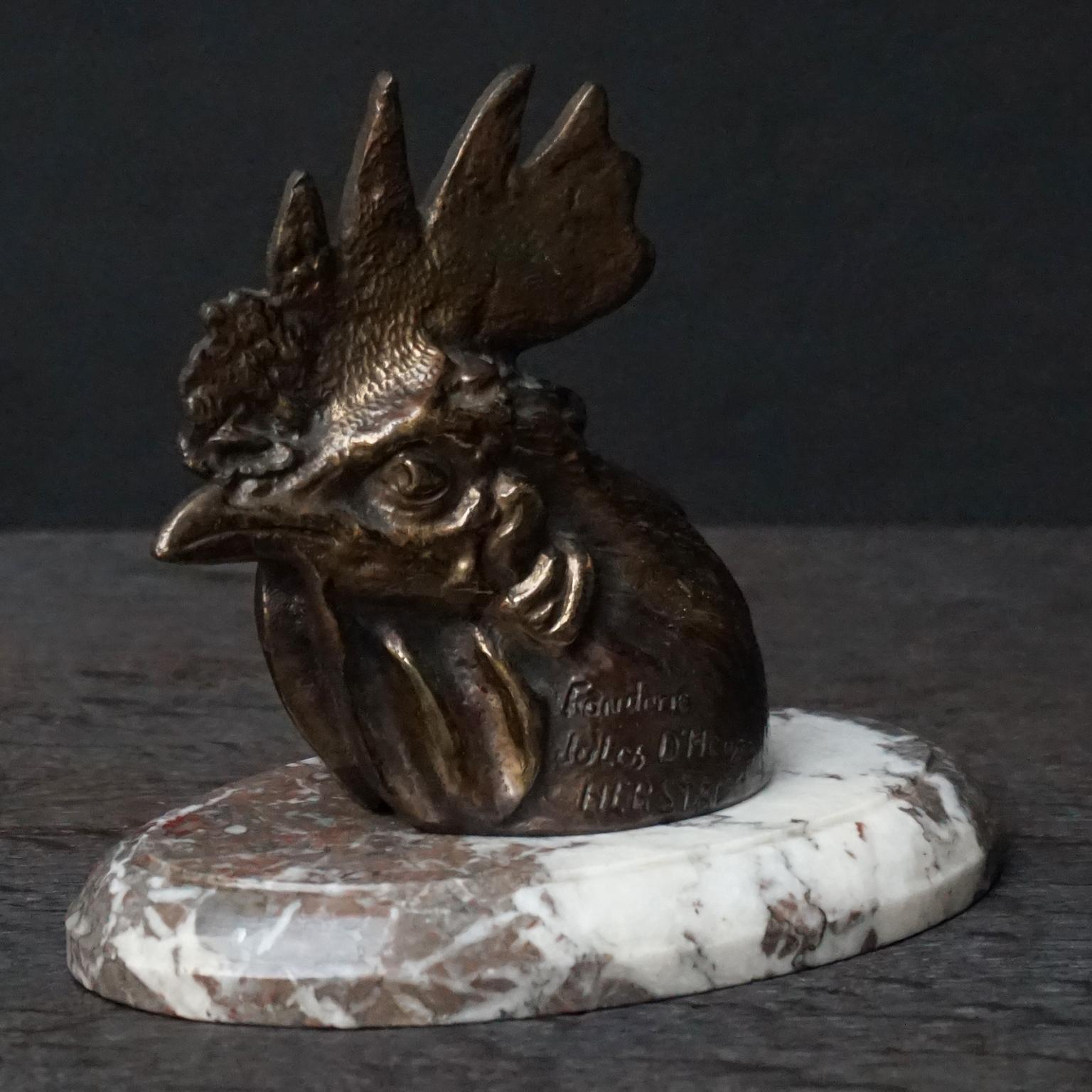 Belgian Art Deco Belgium Bronze Paperweight Rooster Head on Marble Base by Jules D'Heur For Sale