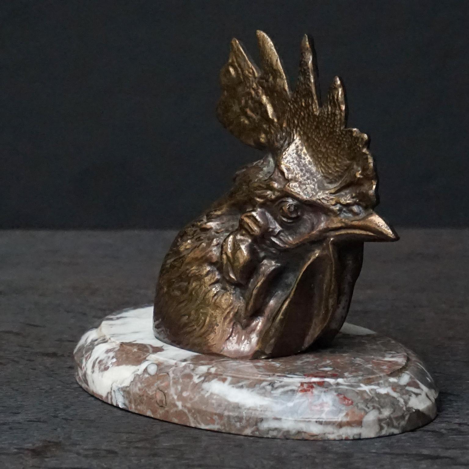 Cast Art Deco Belgium Bronze Paperweight Rooster Head on Marble Base by Jules D'Heur For Sale