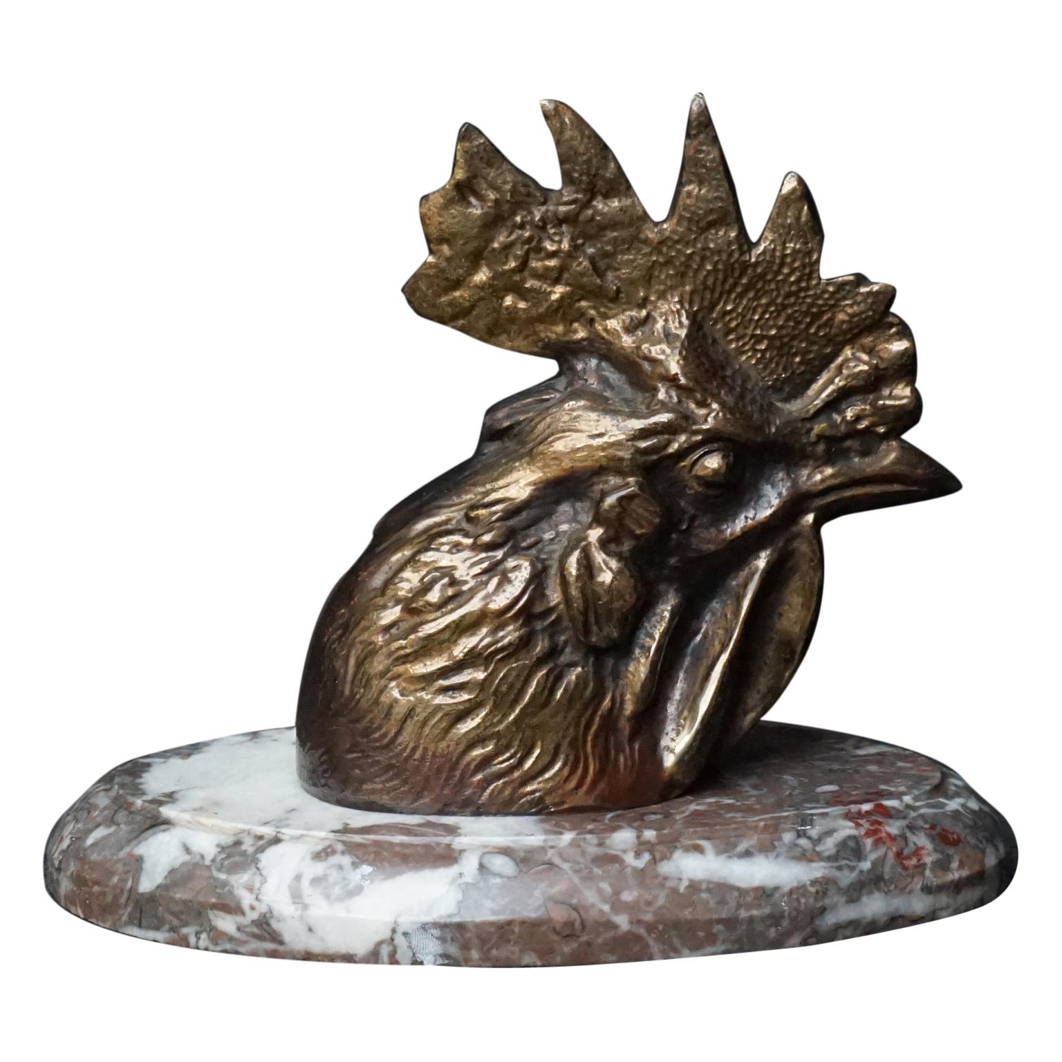 Art Deco Belgium Bronze Paperweight Rooster Head on Marble Base by Jules D'Heur For Sale