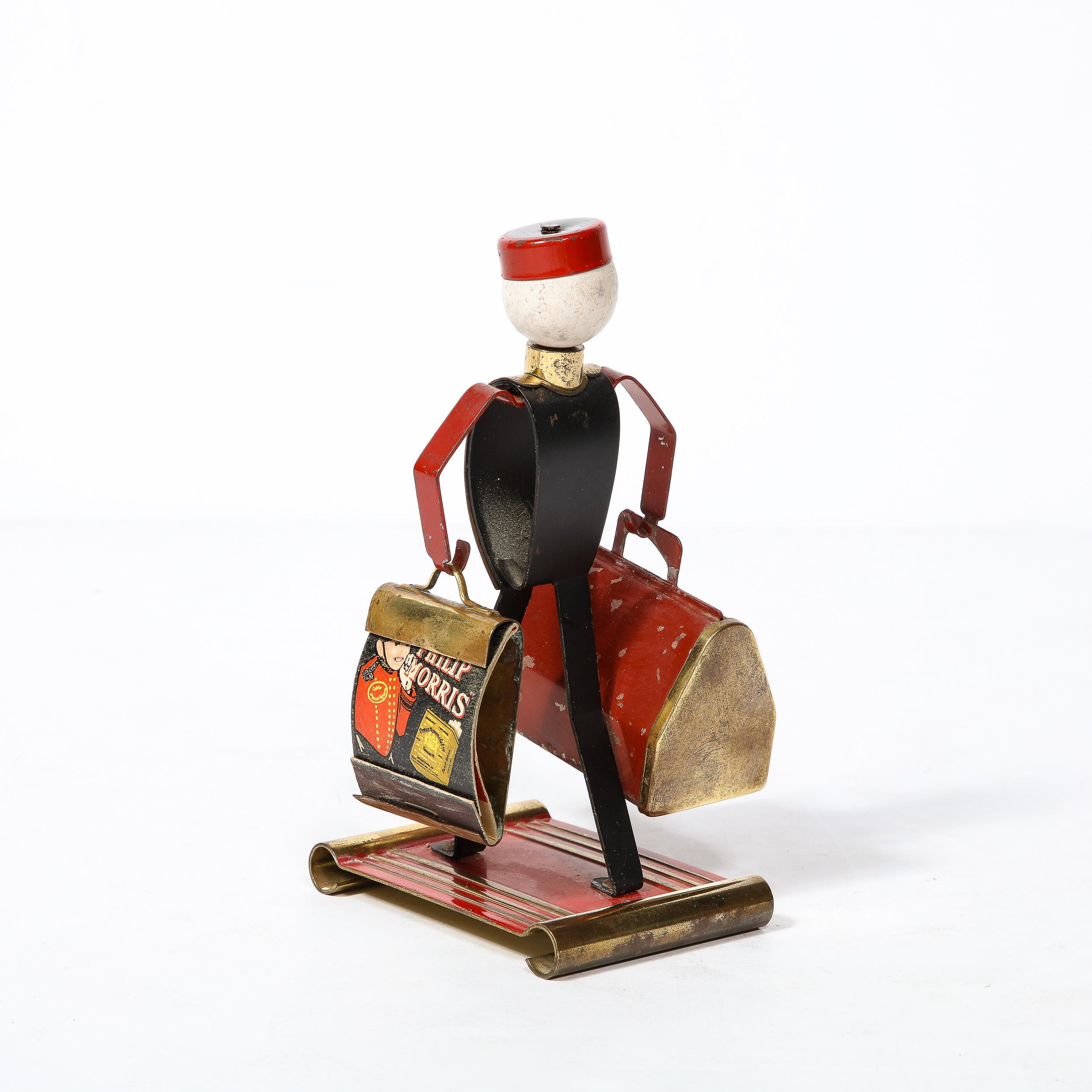 American Art Deco Bellhop Figurine Cigarette Holder in Brass and Enamel by Philip Morris