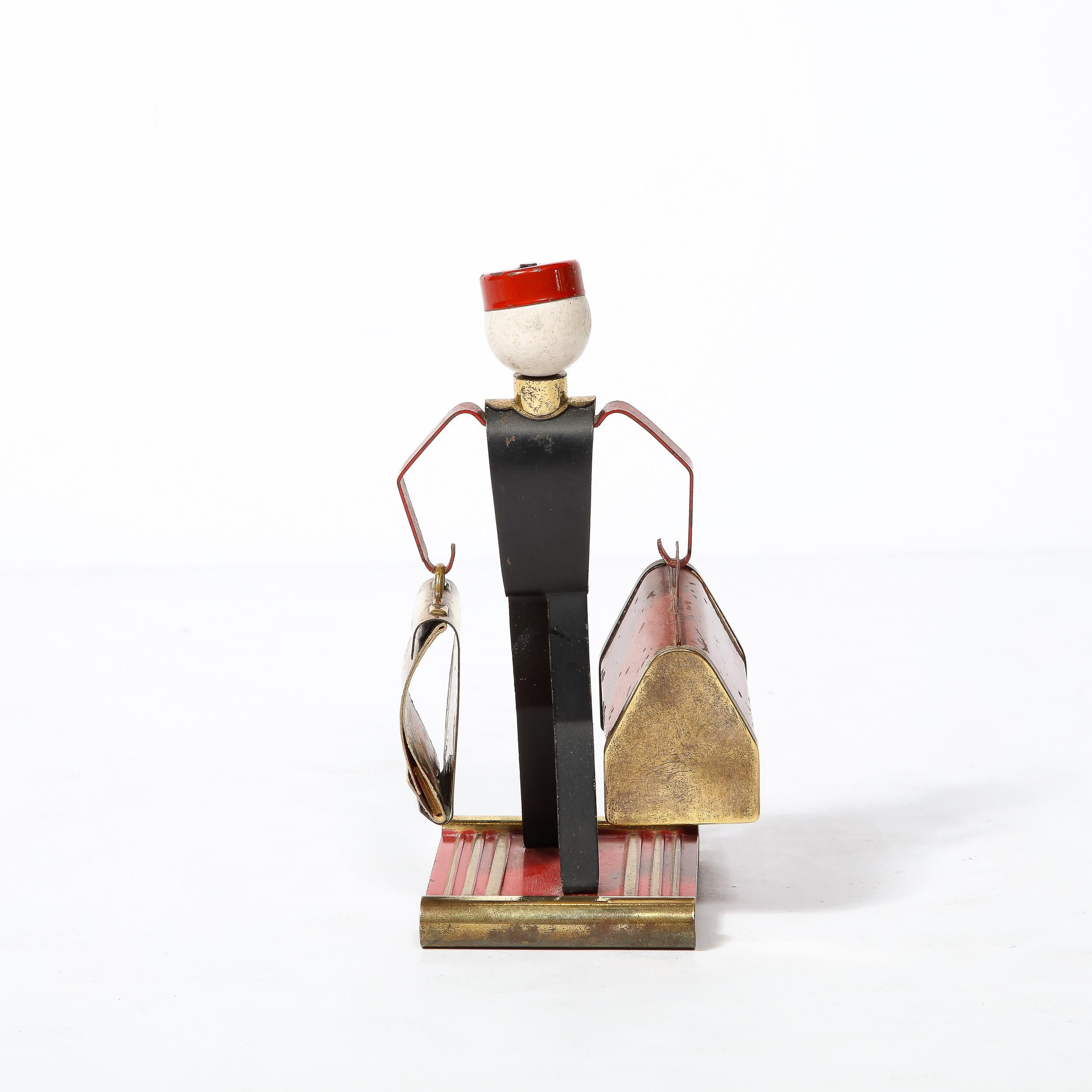 Art Deco Bellhop Figurine Cigarette Holder in Brass and Enamel by Philip Morris In Good Condition In New York, NY