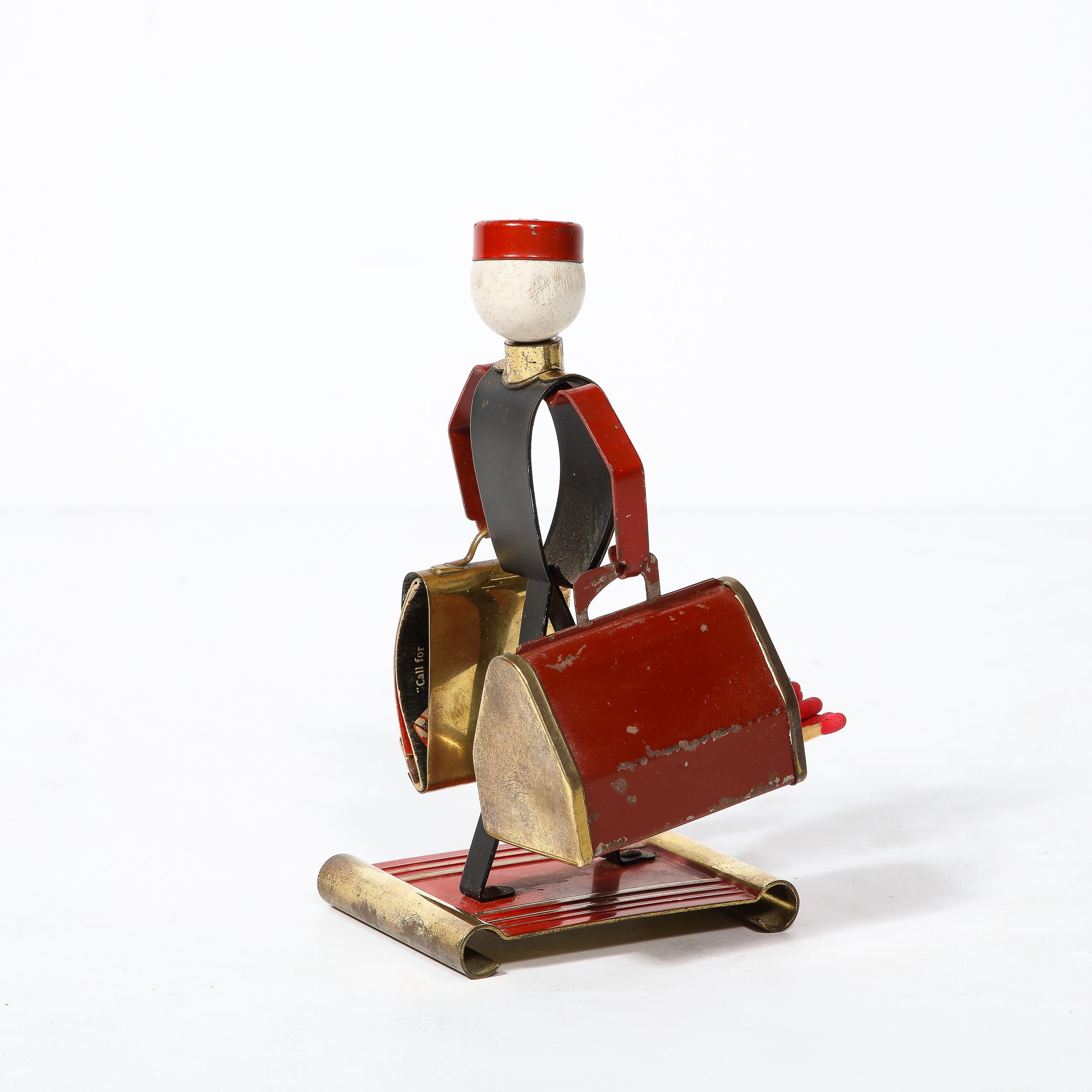 Mid-20th Century Art Deco Bellhop Figurine Cigarette Holder in Brass and Enamel by Philip Morris