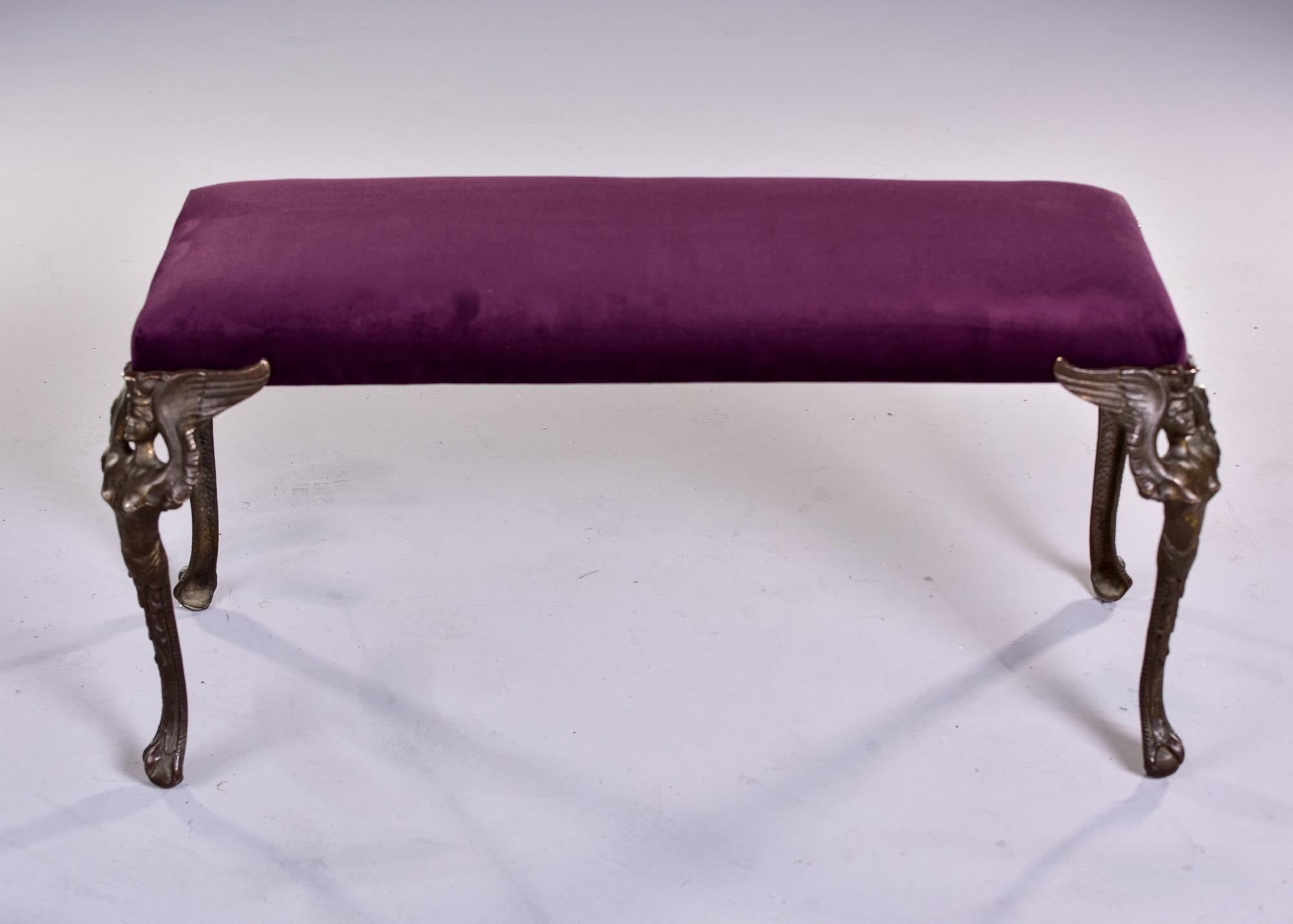 Art Deco Bench with Cast Bronze Figural Legs and New Velvet Upholstery 5