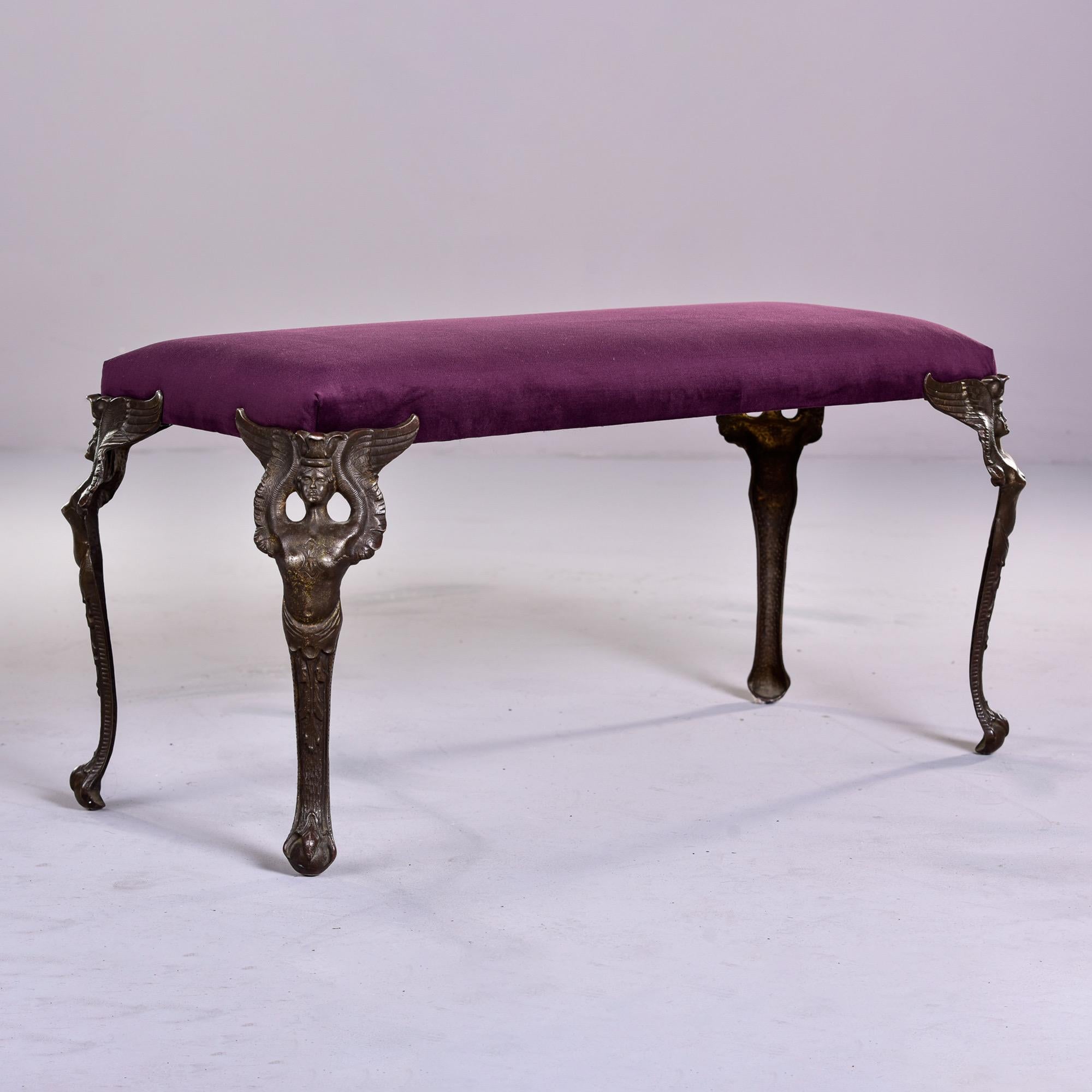 Art Deco Bench with Cast Bronze Figural Legs and New Velvet Upholstery 7