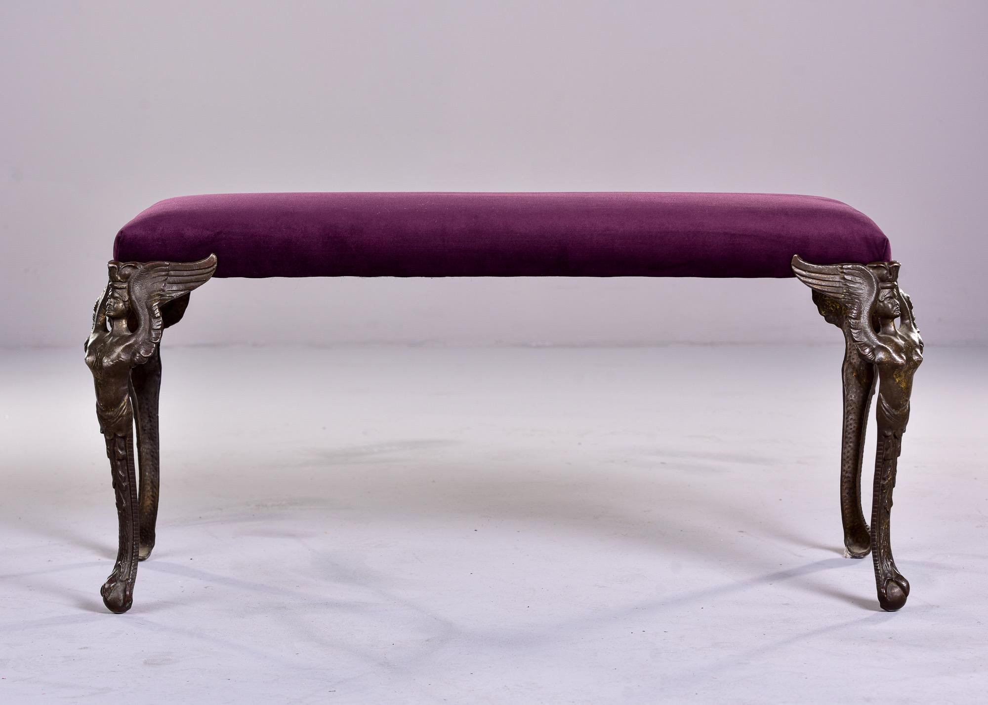 American Art Deco Bench with Cast Bronze Figural Legs and New Velvet Upholstery