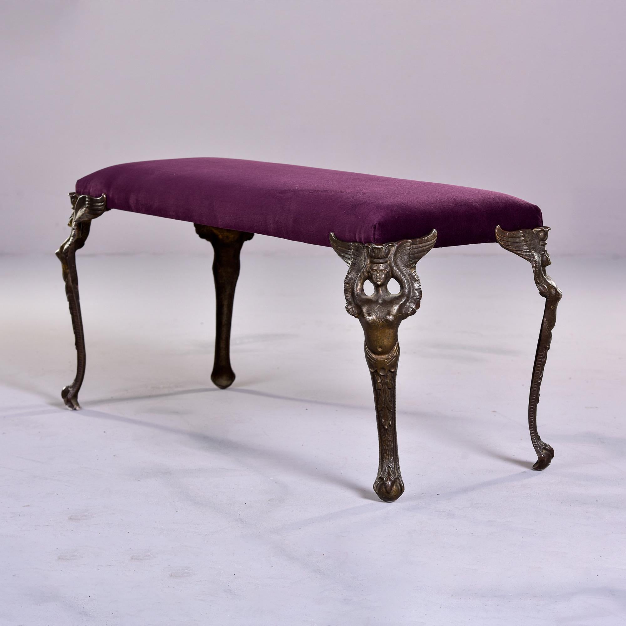20th Century Art Deco Bench with Cast Bronze Figural Legs and New Velvet Upholstery