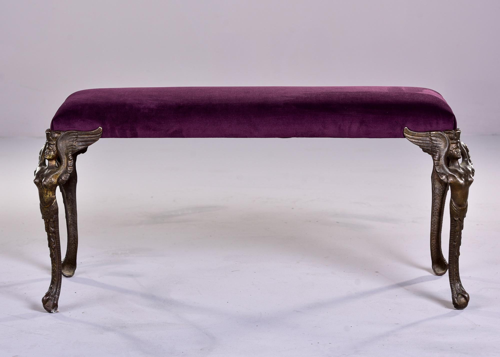 Art Deco Bench with Cast Bronze Figural Legs and New Velvet Upholstery 1