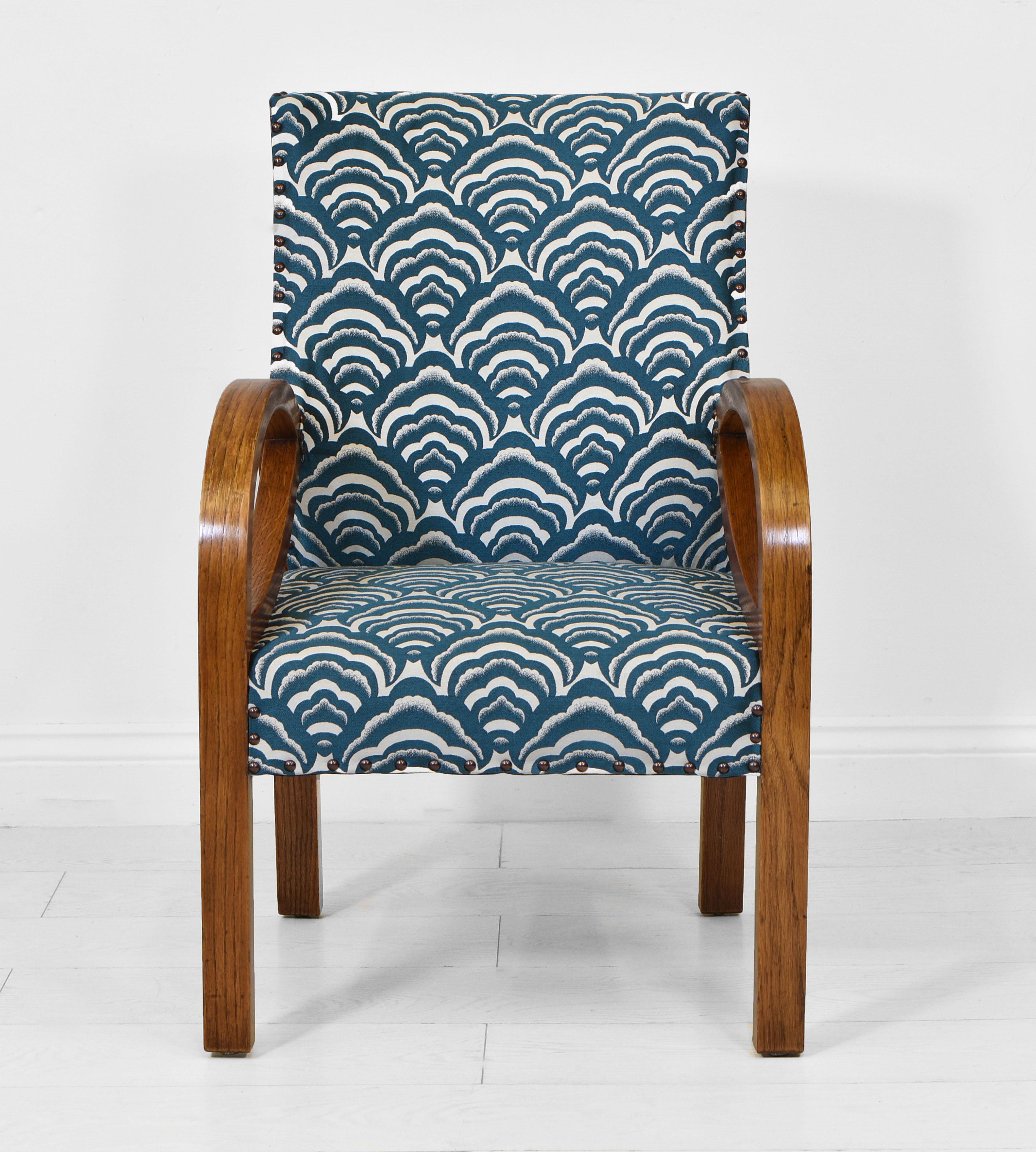 British Art Deco Bent Oak Small Armchair Upholstered in a Teal Cloud Form Fabric For Sale
