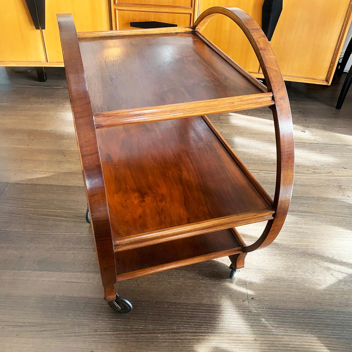 Art Deco Savoy bentwood, cocktail or tea trolley. Great, geometric design with three-tray levels and full circle bentwood support / handles. This has been completely restored by our French Polishers. These are becoming very scarce, and are