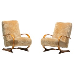Art Deco Bentwood Lounge Chairs in New Golden Palomino Sheepskin Hides c. 1930 Art Deco Bentwood Lounge Chairs in New Golden Palomino Sheepskin Hides c. 1930
