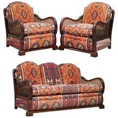 Vintage Art Deco Berger Three-Piece Suite Kilim Upholstered Cushions Sofa and Armchairs