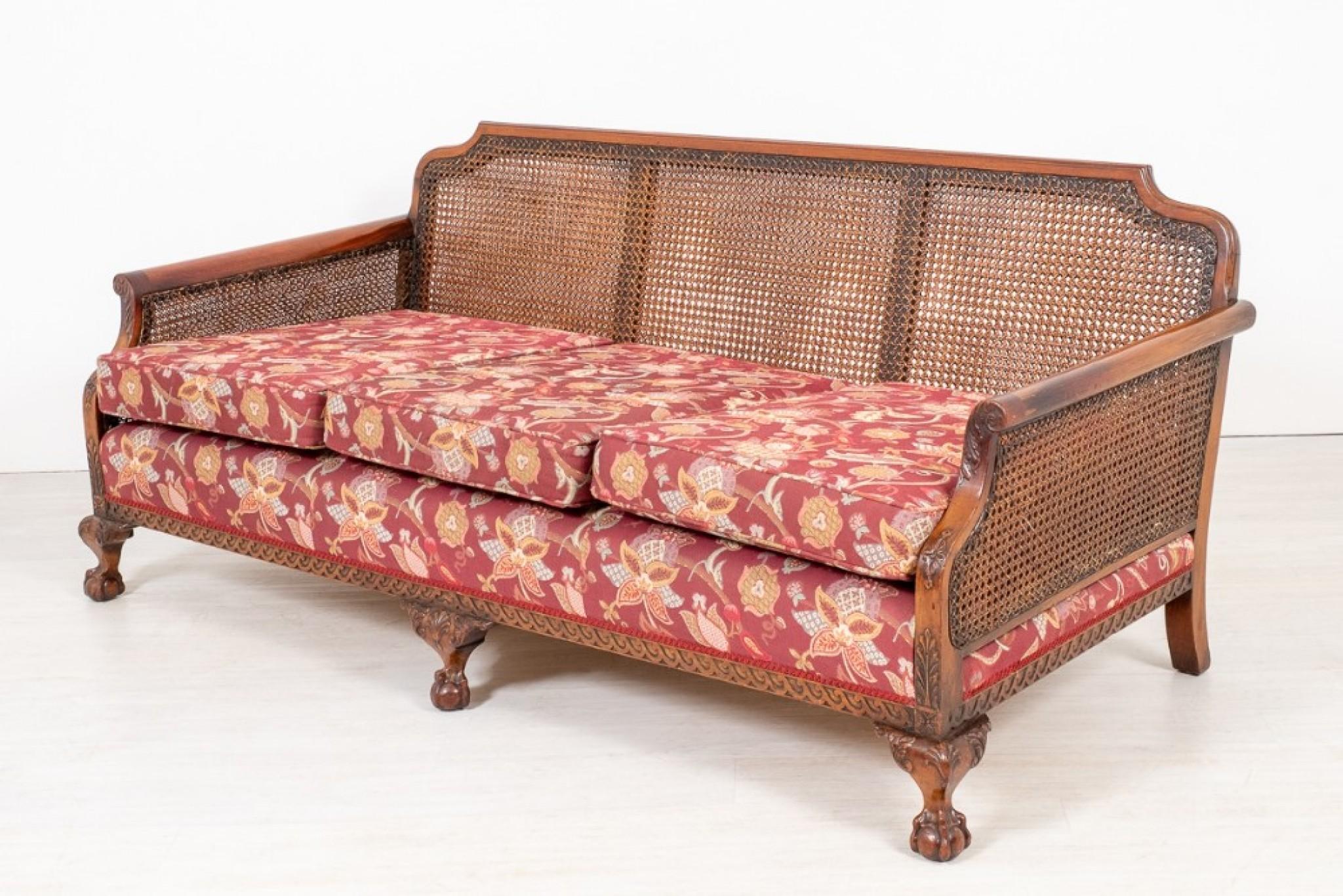 Early 20th Century Art Deco Bergere Suite Club Chair Settee Mahogany 1920 For Sale