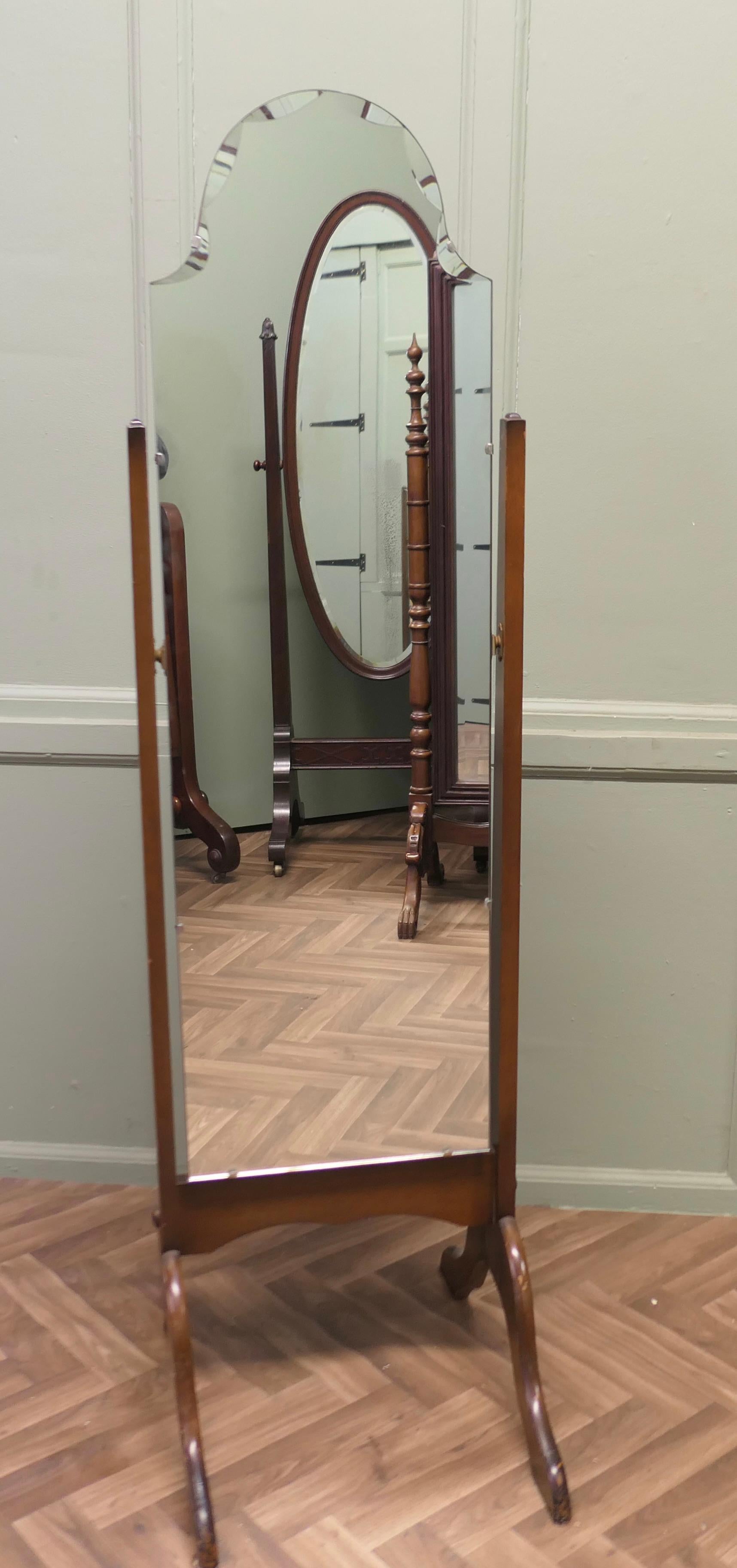 Walnut Art Deco Bevelled Top Cheval Mirror  The Mirror has an Arch shaped top For Sale