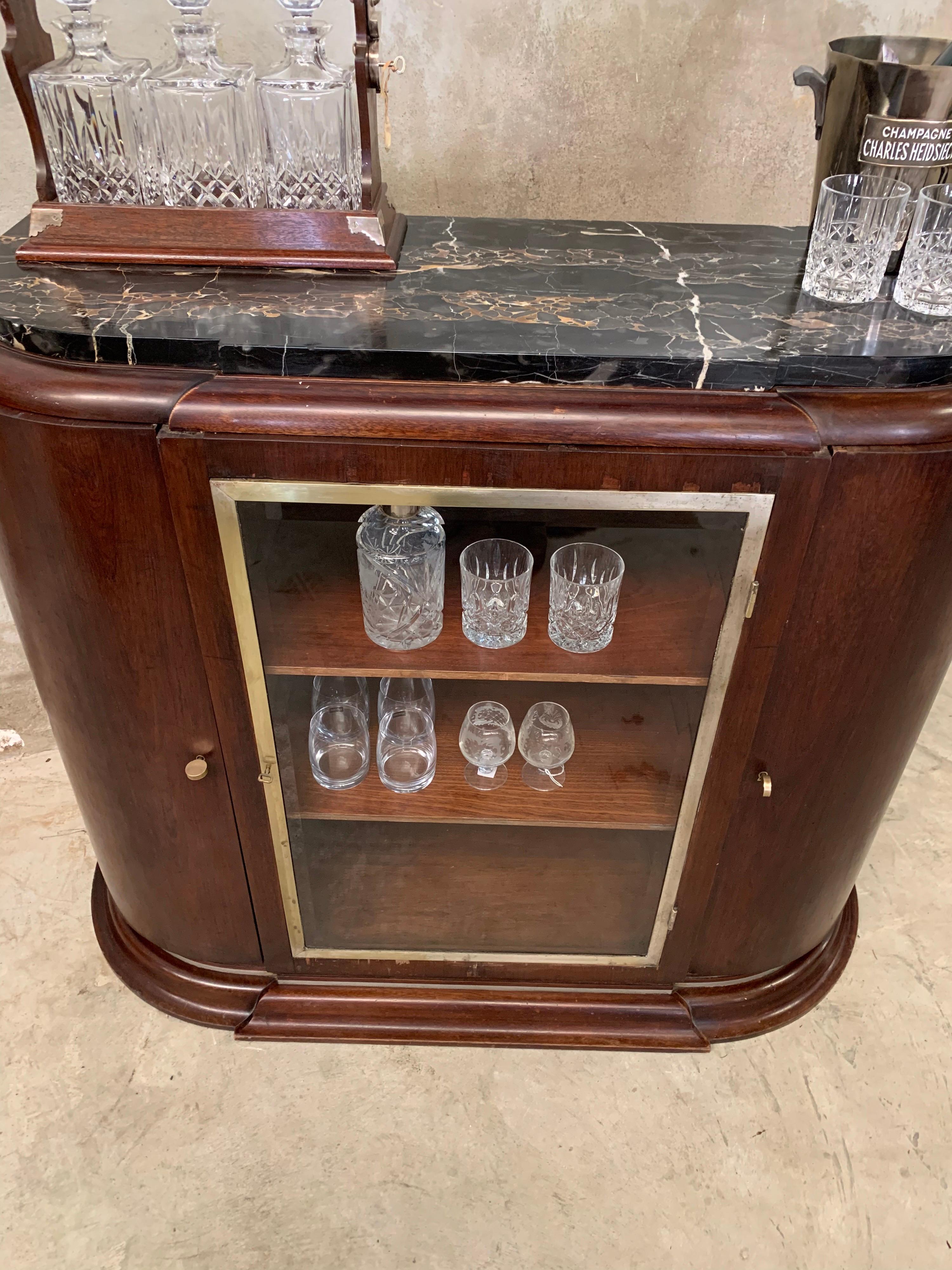 Metal Art Deco Beverage Cabinet, Portoro Marble Top, Liquor Cabinet, 1920, Dry Bar