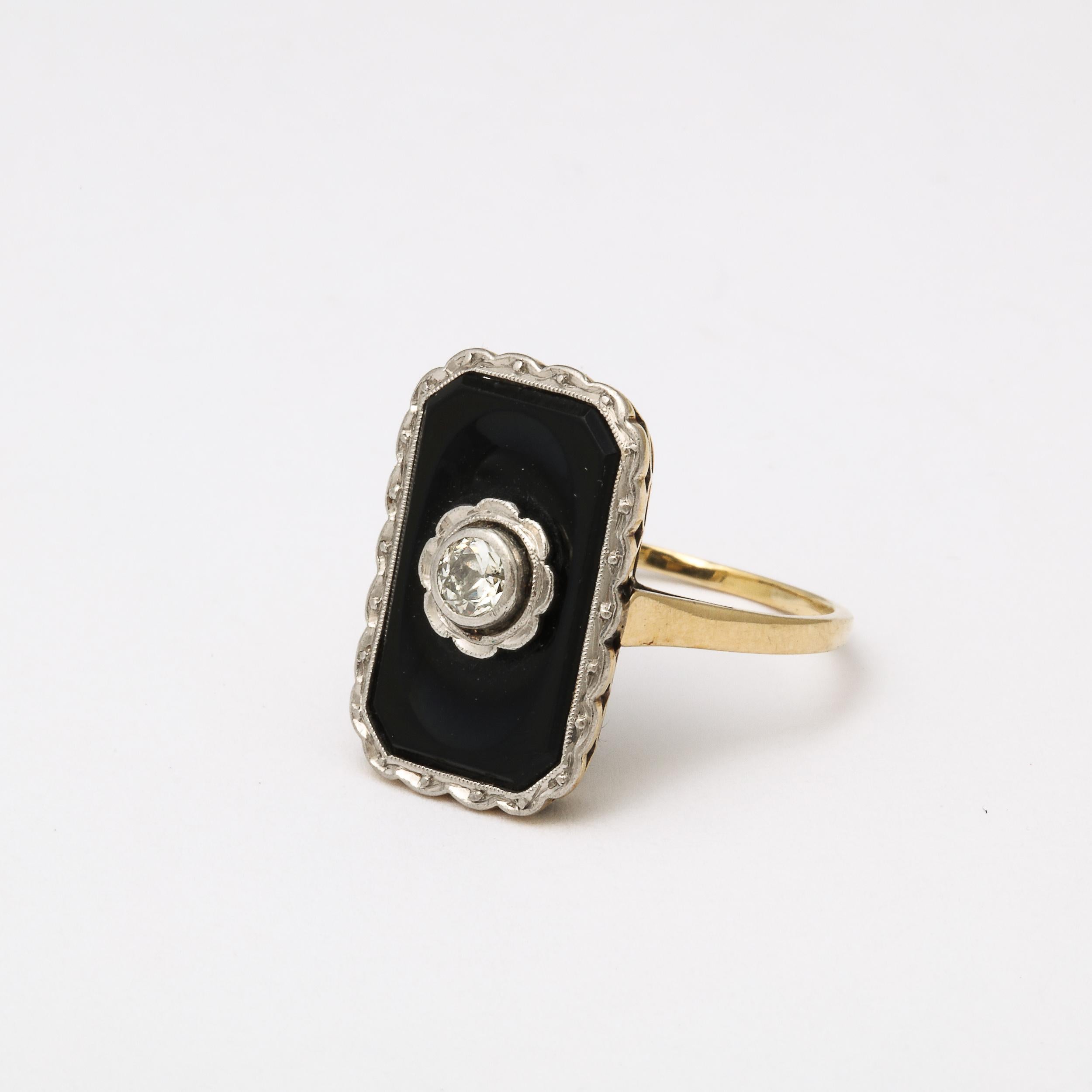 Old European Cut Art Deco Bi-Color Gold , Black Onyx and Diamond Ring For Sale