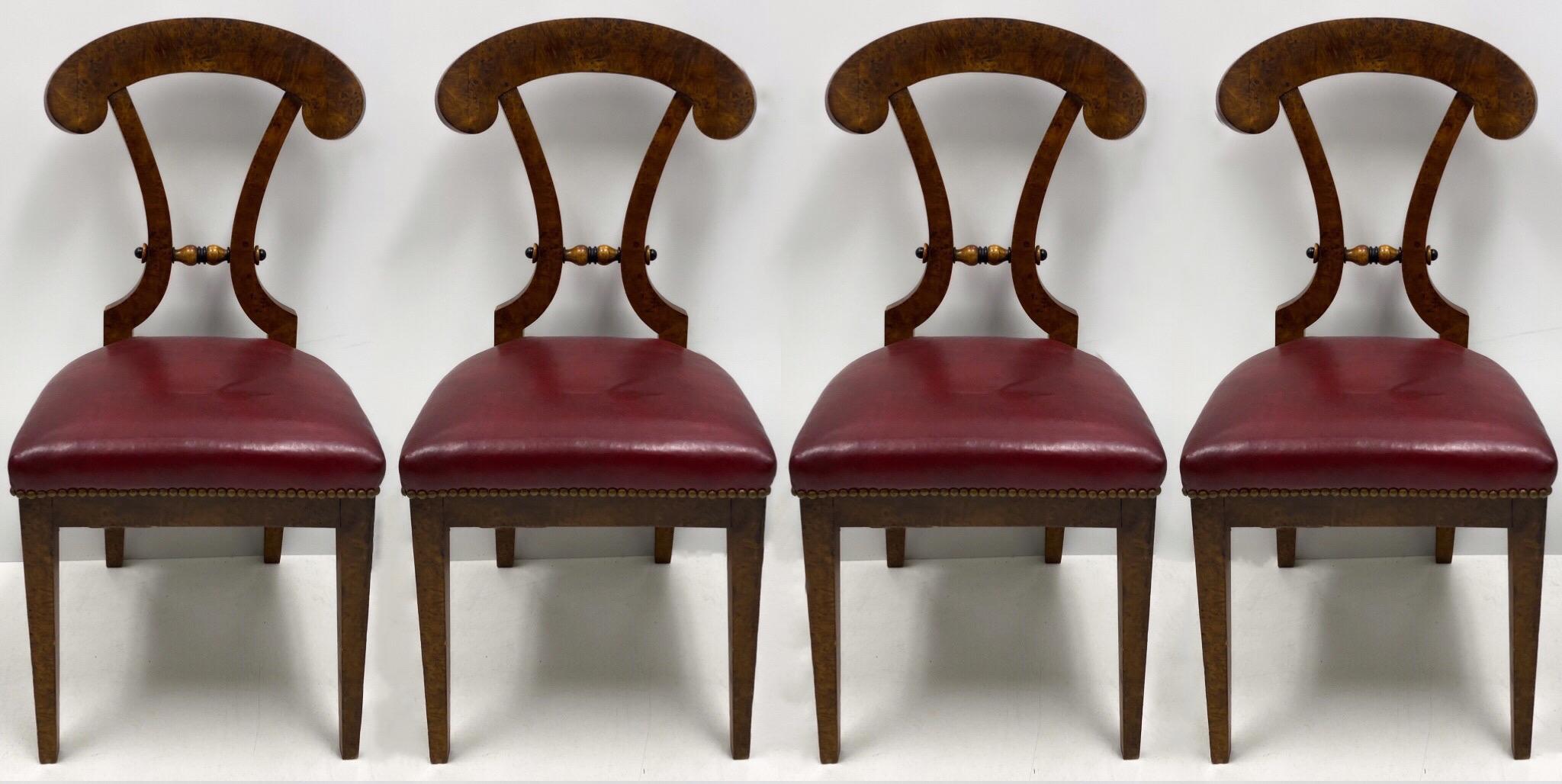 German Art Deco Biedermeier Burlwood and Leather Chairs, Set of 4 For Sale