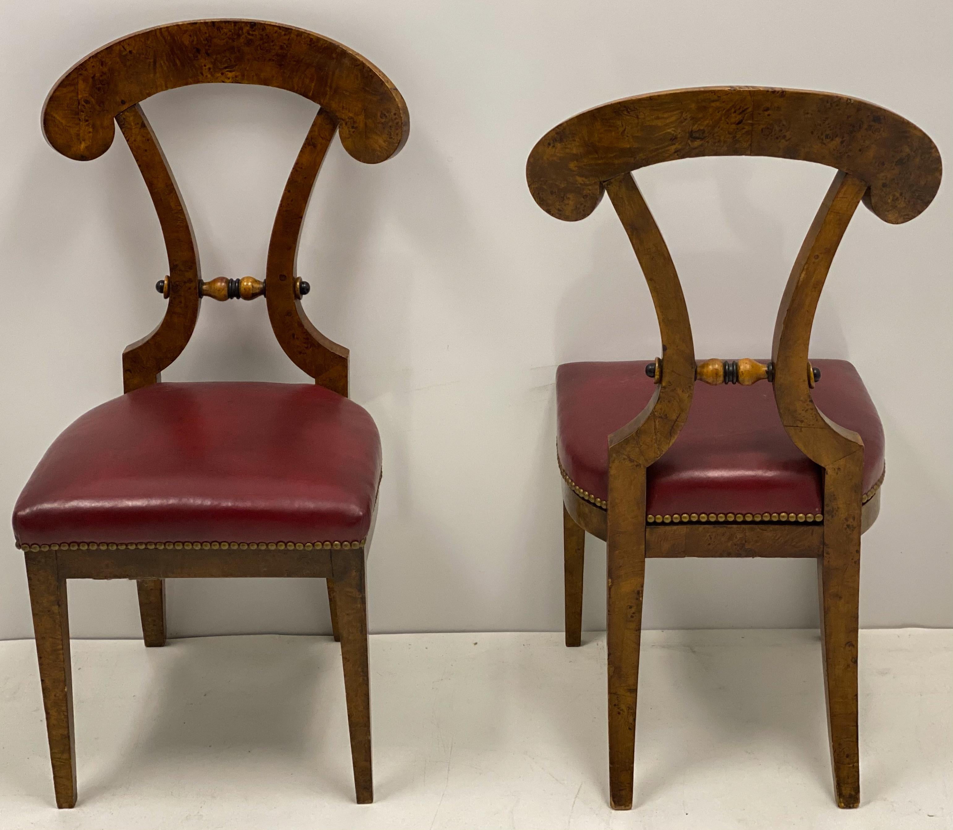 Art Deco Biedermeier Burlwood and Leather Chairs, Set of 4 For Sale 1