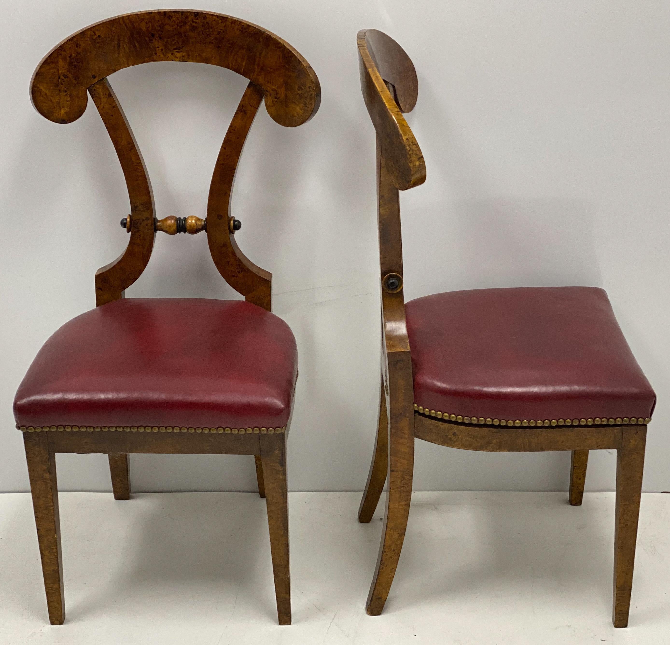 Art Deco Biedermeier Burlwood and Leather Chairs, Set of 4 For Sale 2