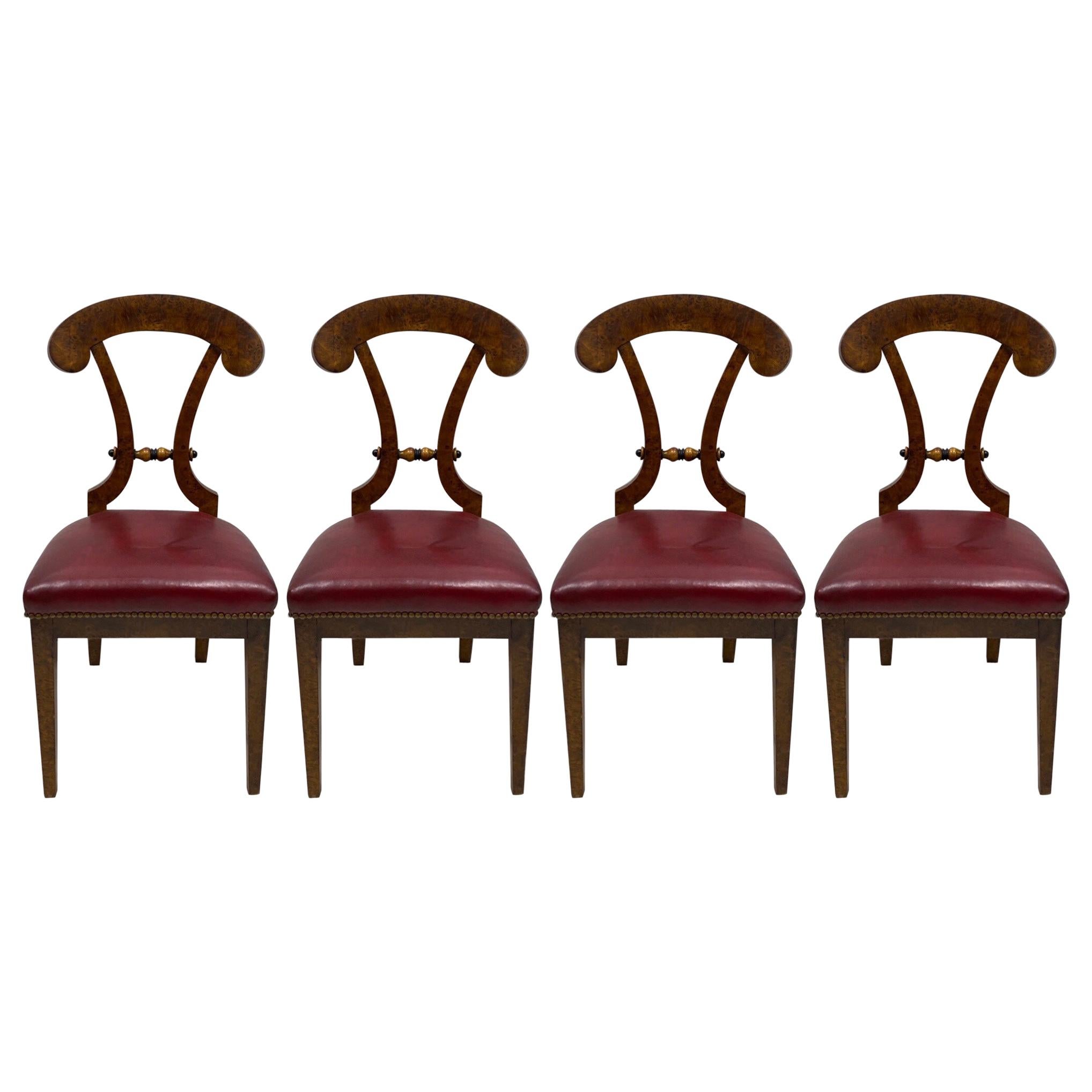 Art Deco Biedermeier Burlwood and Leather Chairs, Set of 4