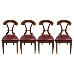 Art Deco Biedermeier Burlwood and Leather Chairs, Set of 4