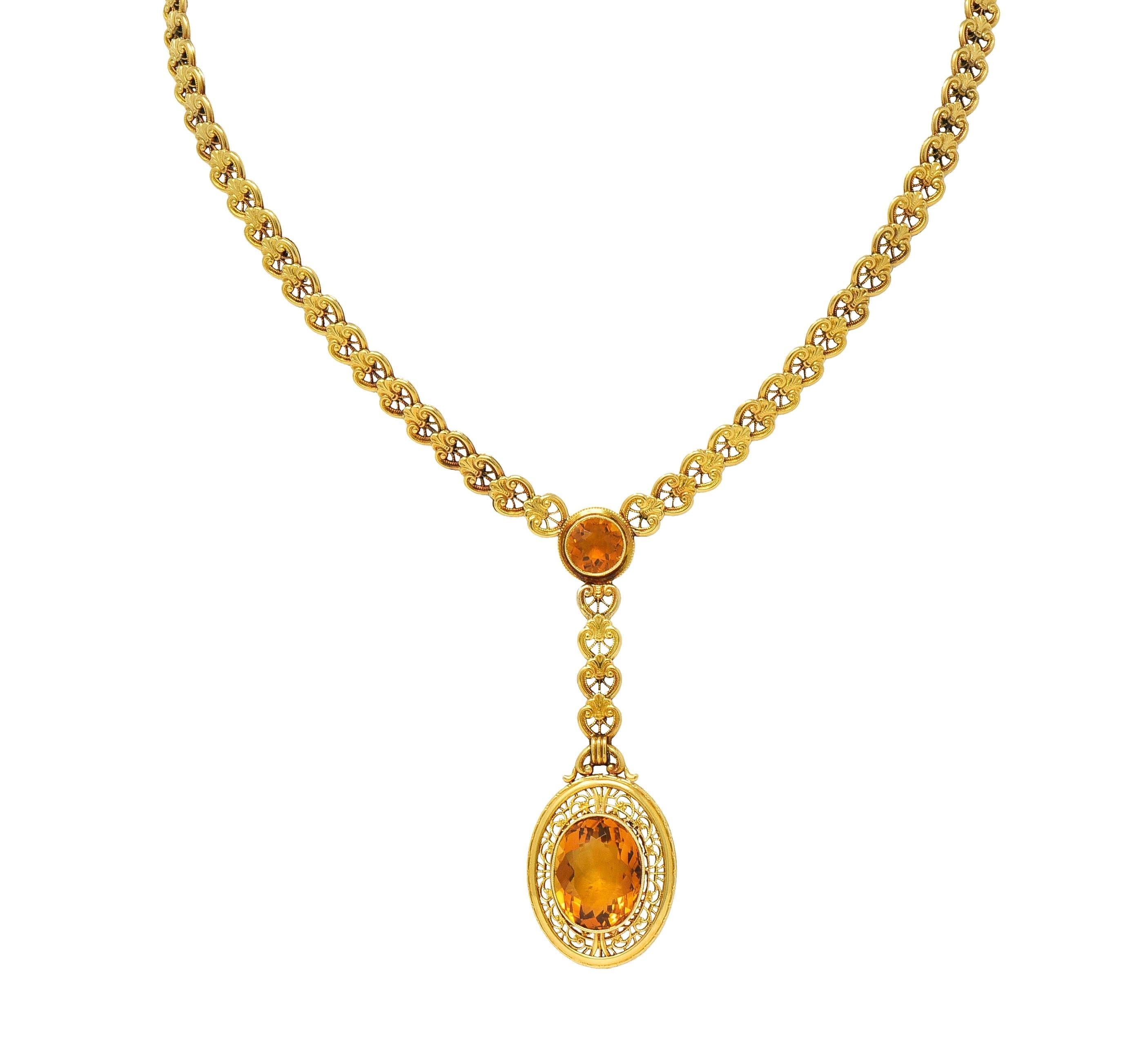 Art Deco Bippart & Co. Citrine 14 Karat Yellow Gold Antique Lotus Drop Necklace For Sale 7