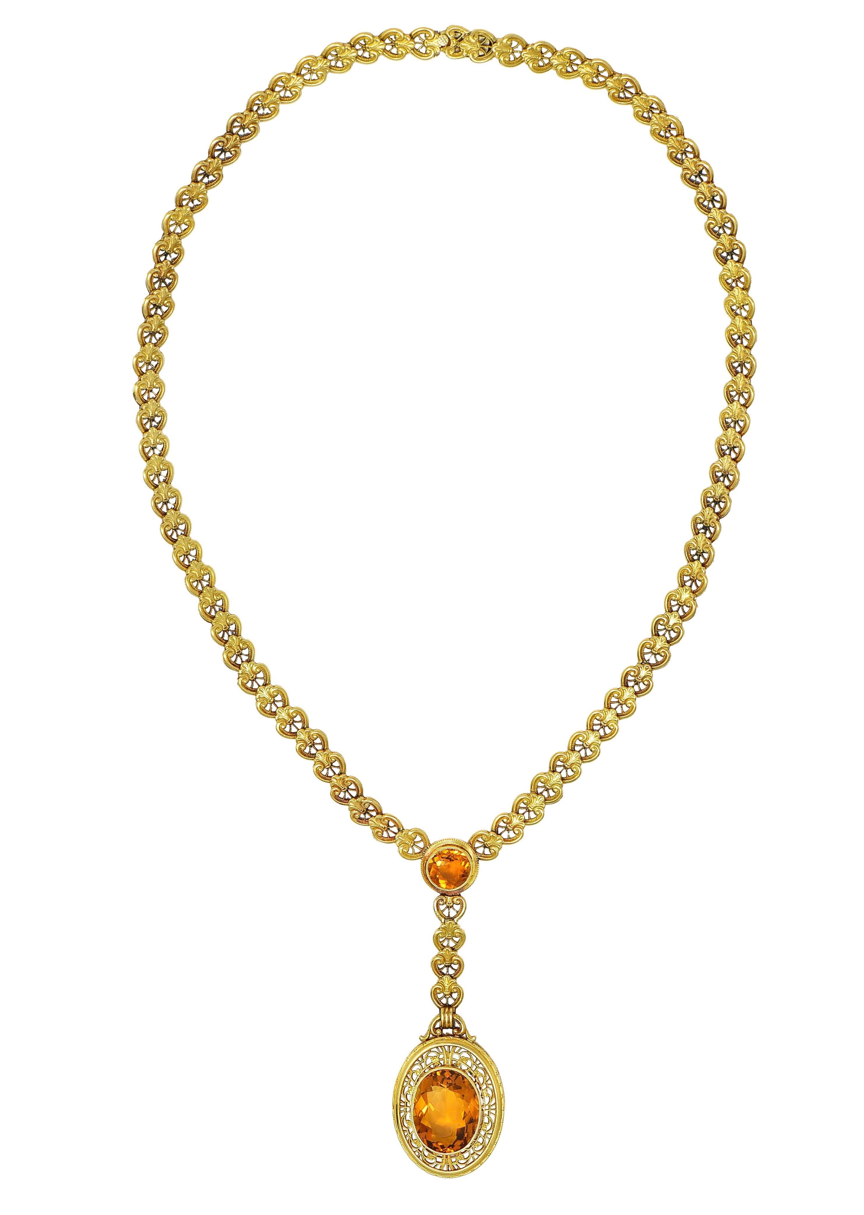 Art Deco Bippart & Co. Citrine 14 Karat Yellow Gold Antique Lotus Drop Necklace 8