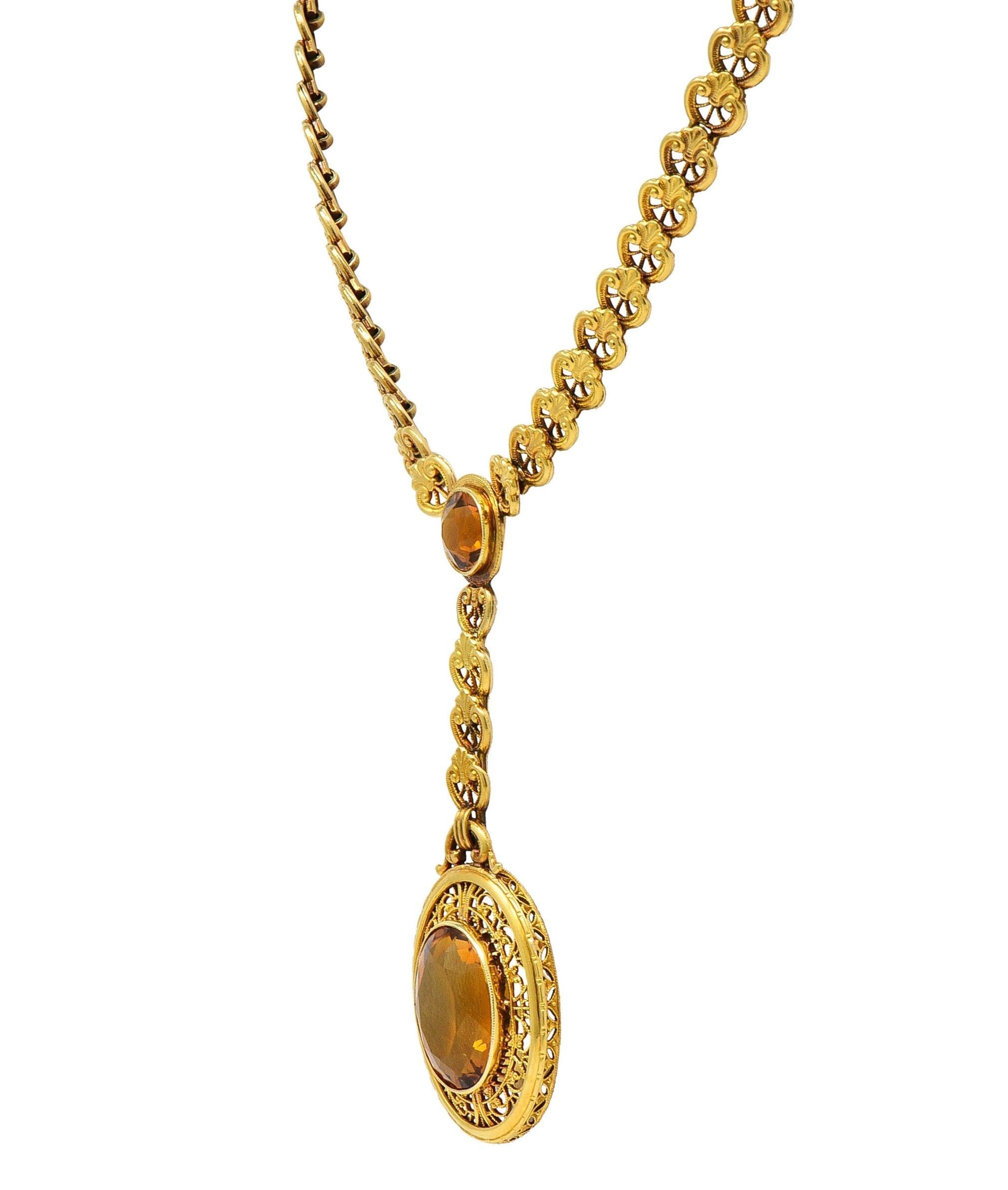 Art Deco Bippart & Co. Citrine 14 Karat Yellow Gold Antique Lotus Drop Necklace In Excellent Condition For Sale In Philadelphia, PA