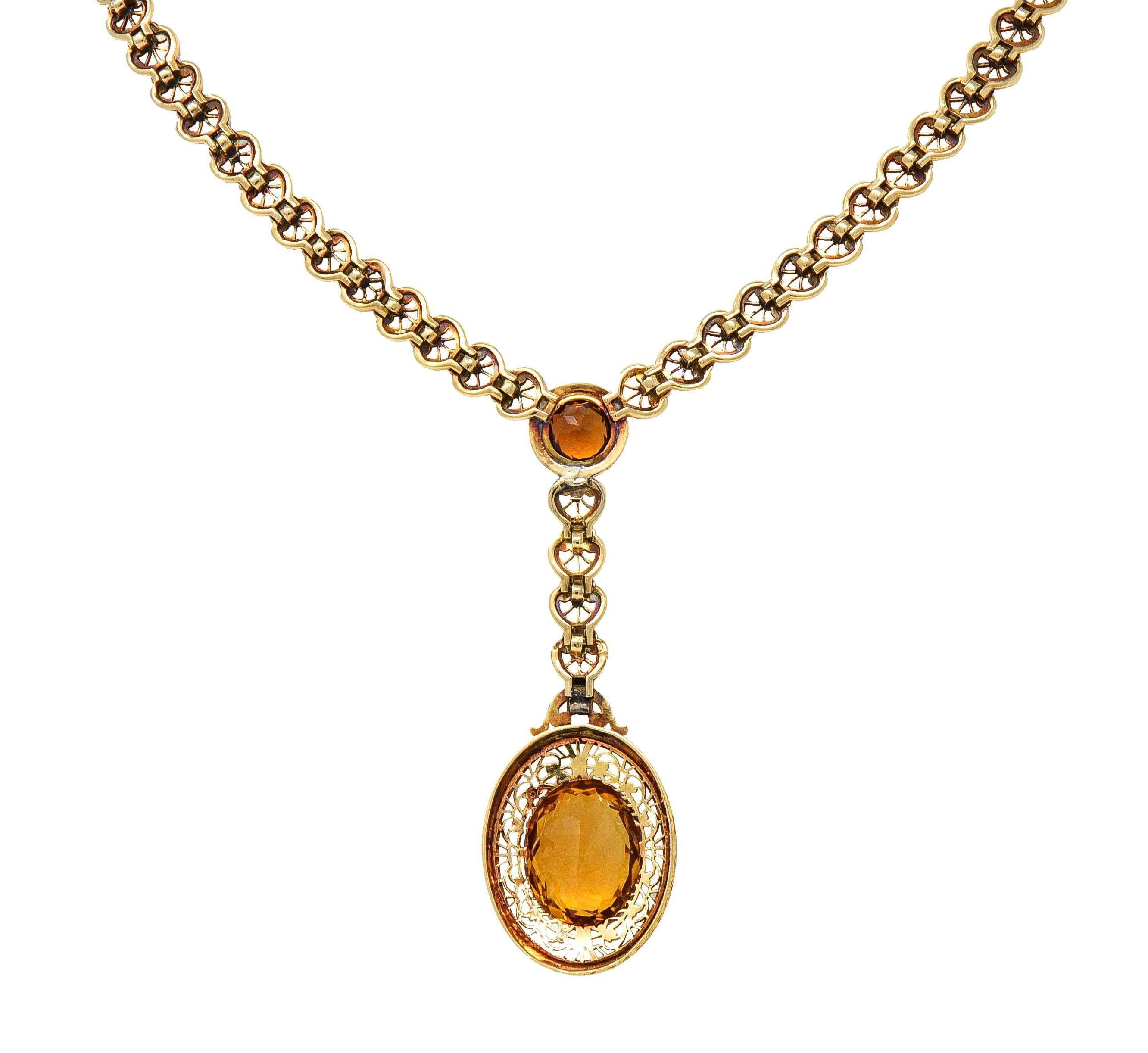 Women's or Men's Art Deco Bippart & Co. Citrine 14 Karat Yellow Gold Antique Lotus Drop Necklace For Sale