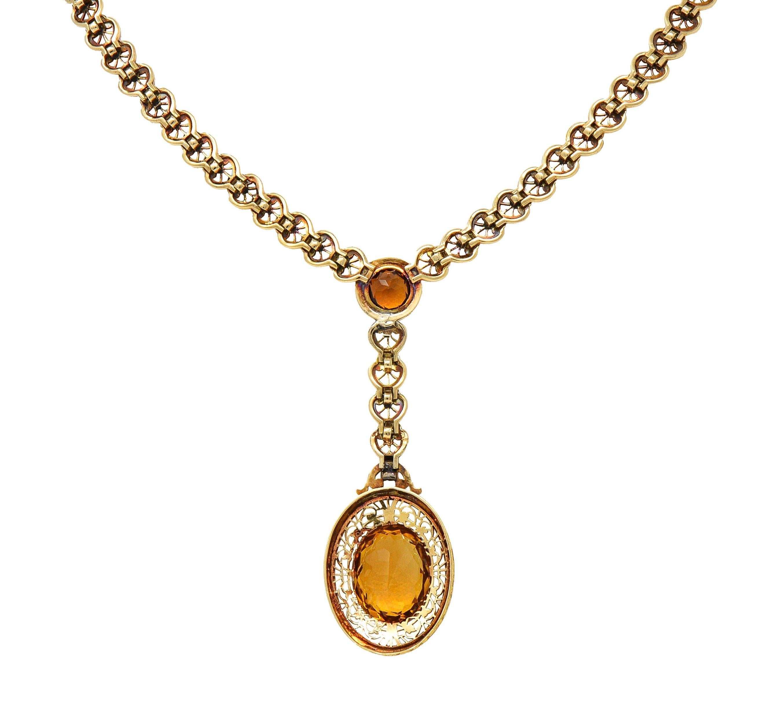 Women's or Men's Art Deco Bippart & Co. Citrine 14 Karat Yellow Gold Antique Lotus Drop Necklace