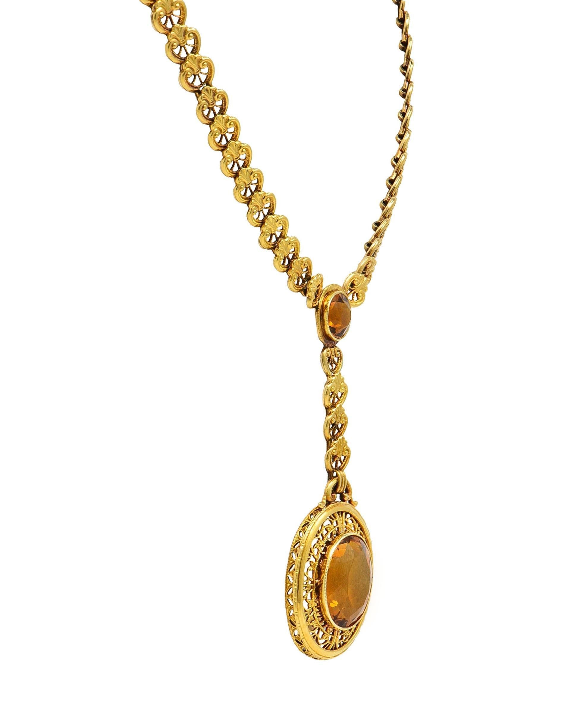 Art Deco Bippart & Co. Citrine 14 Karat Yellow Gold Antique Lotus Drop Necklace For Sale 1
