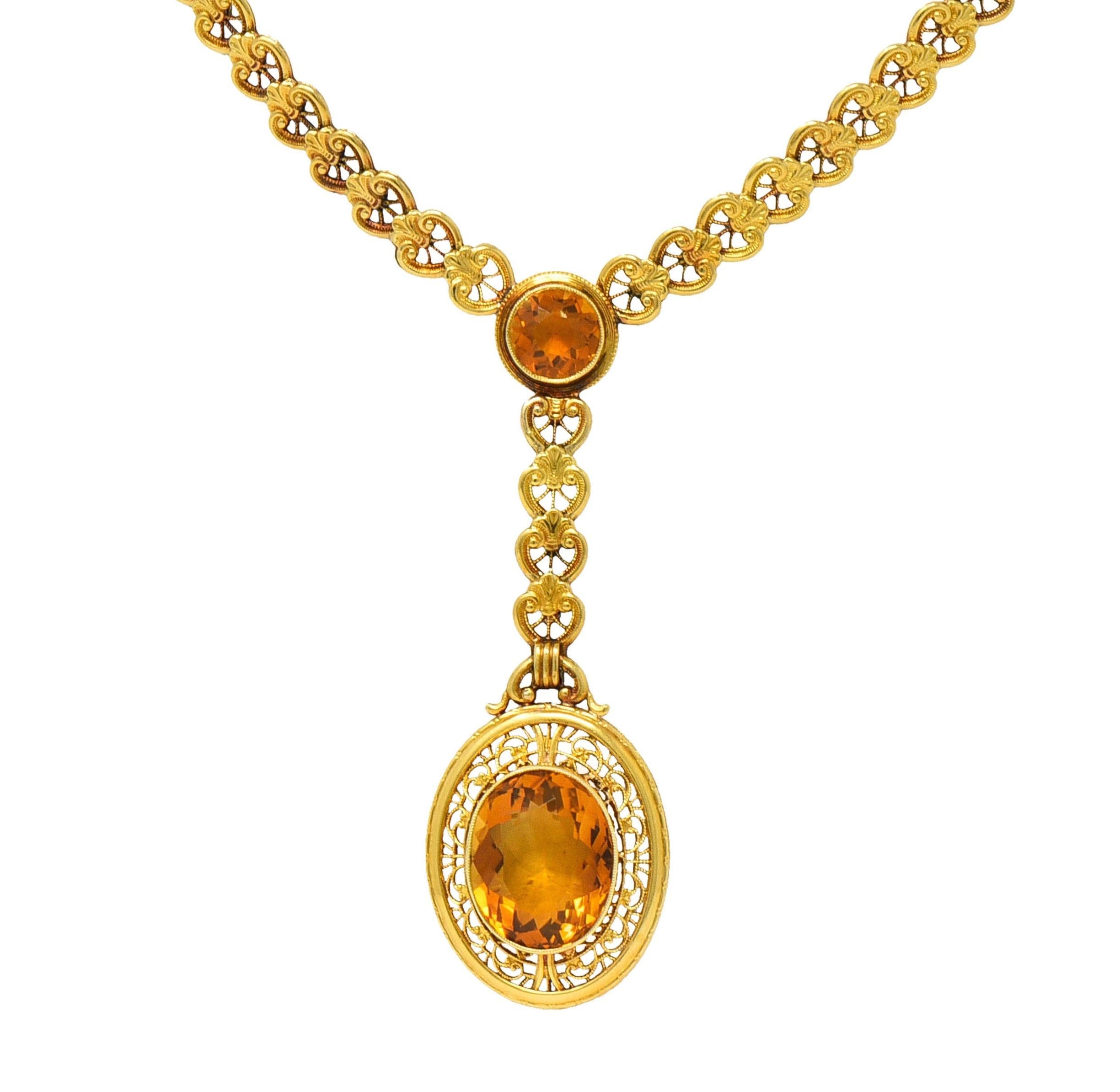 Art Deco Bippart & Co. Citrine 14 Karat Yellow Gold Antique Lotus Drop Necklace For Sale 3