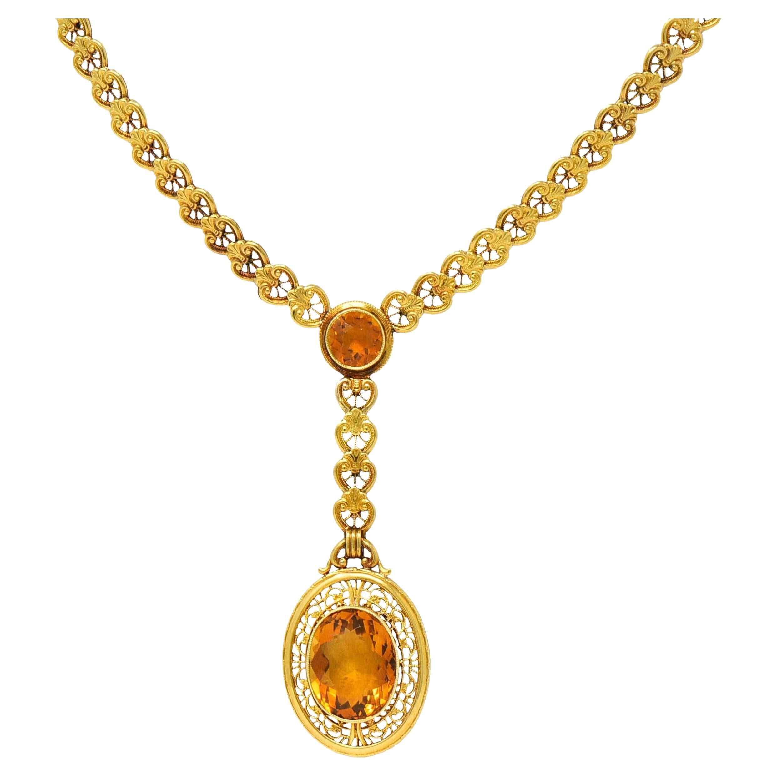 Art Deco Bippart & Co. Citrine 14 Karat Yellow Gold Antique Lotus Drop Necklace For Sale